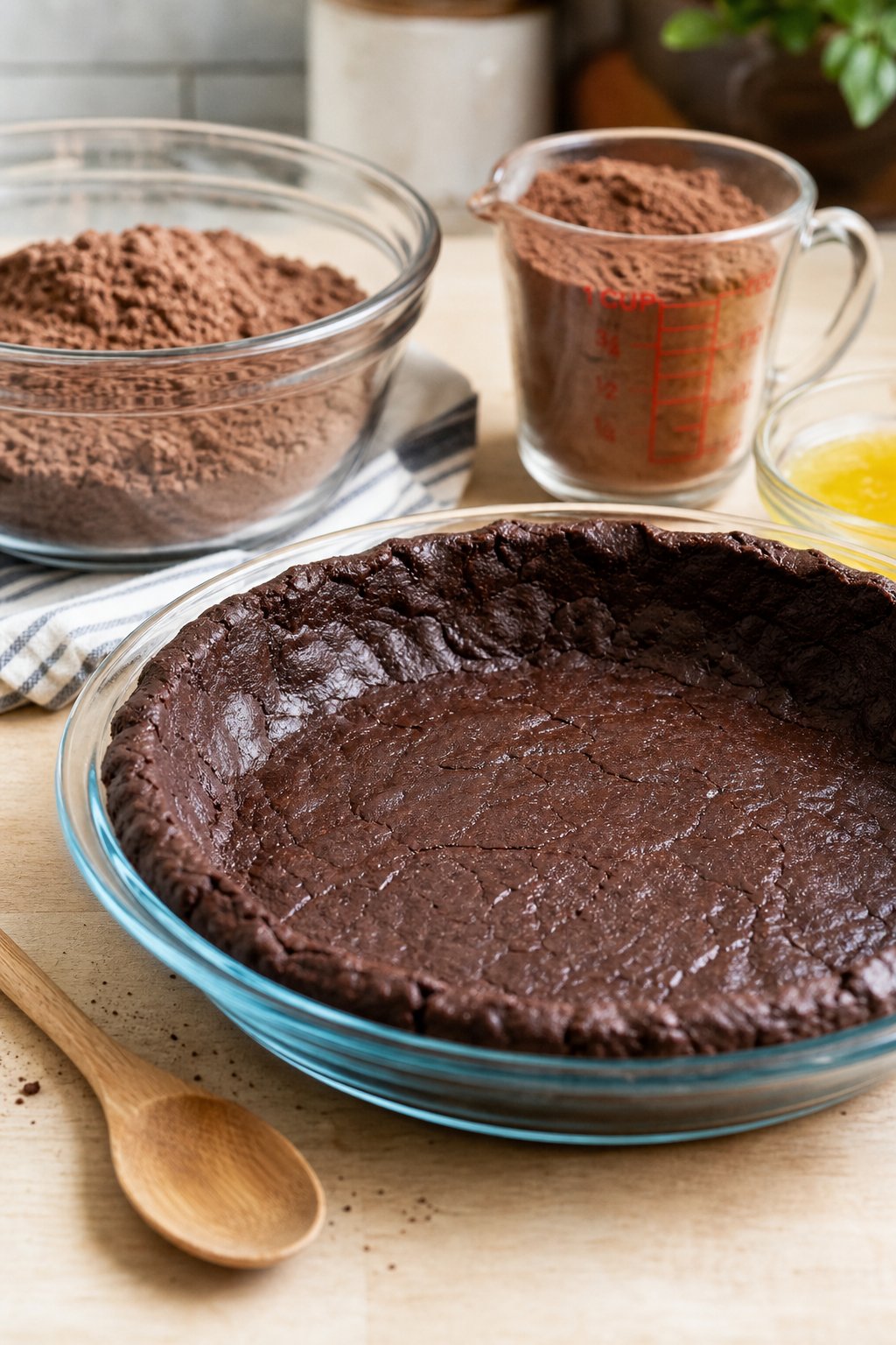 22 Creative Recipes Using Brownie Mix That Will Blow Your Mind 20 A chocolate brownie mix pie crust in a glass pie dish surrounded by baking ingredients on a wooden countertop.