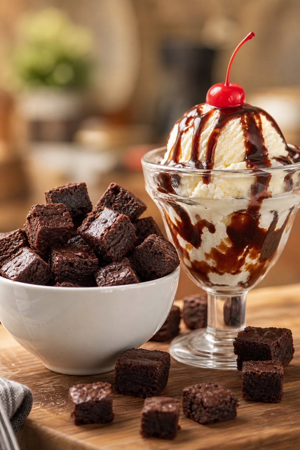 22 Creative Recipes Using Brownie Mix That Will Blow Your Mind 21 A bowl of fudgy brownie croutons next to an ice cream sundae topped with chocolate syrup and a cherry on a wooden surface.