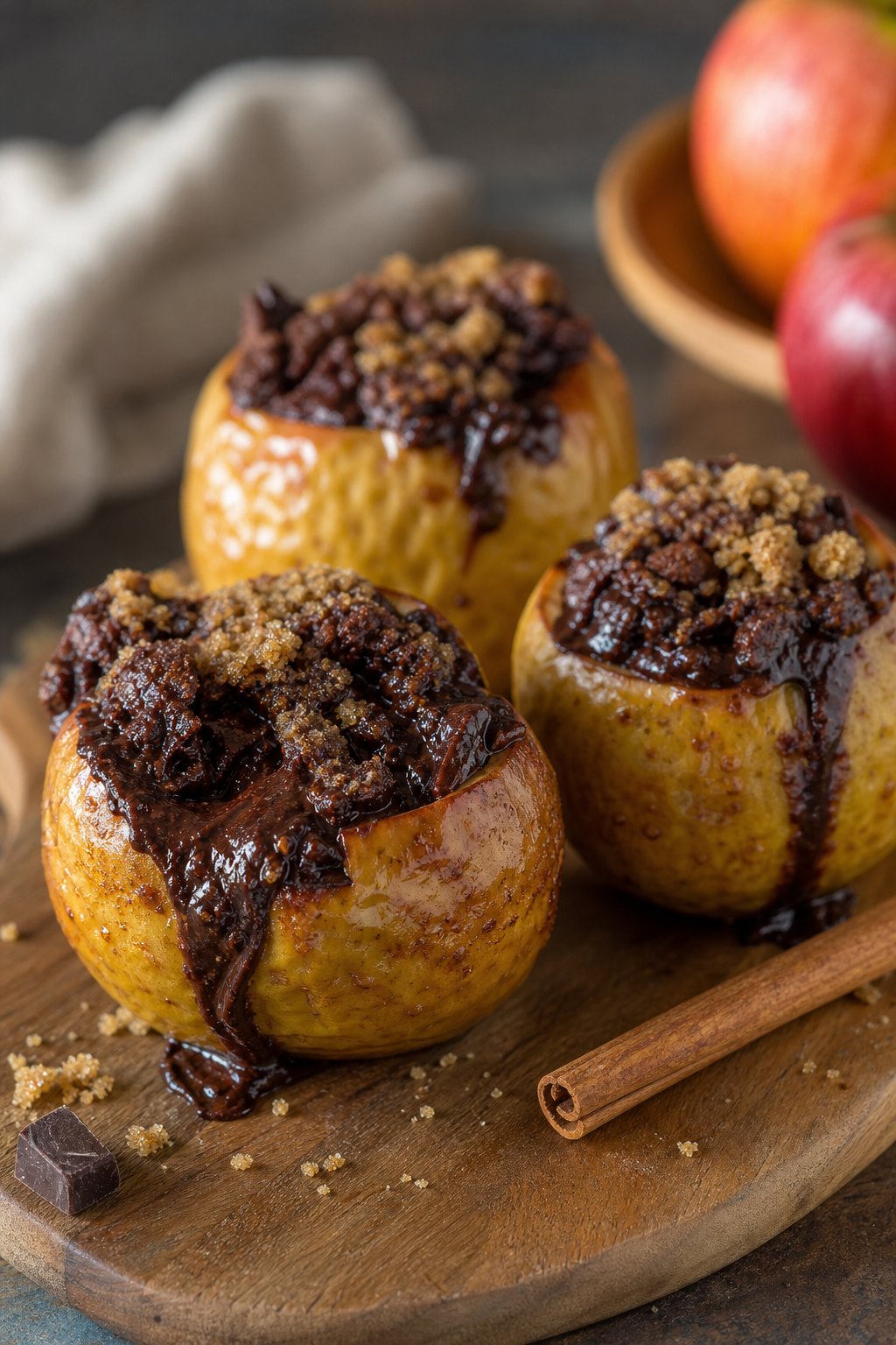 22 Creative Recipes Using Brownie Mix That Will Blow Your Mind 22 Baked apples stuffed with melted brownie filling and brown sugar on a wooden board with cinnamon sticks.