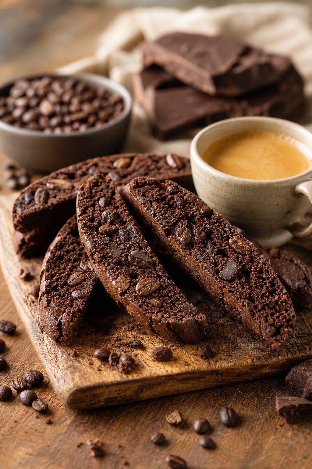 22 Creative Recipes Using Brownie Mix That Will Blow Your Mind 23 Close-up of espresso brownie biscotti on a wooden board next to a small cup of espresso and scattered coffee beans.