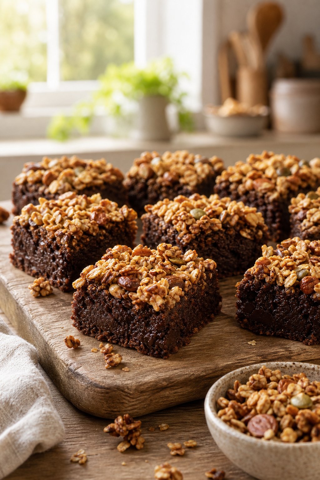 22 Creative Recipes Using Brownie Mix That Will Blow Your Mind 24 A close-up of square brownie bars topped with granola arranged on a wooden board with a bowl of granola nearby in a kitchen setting.
