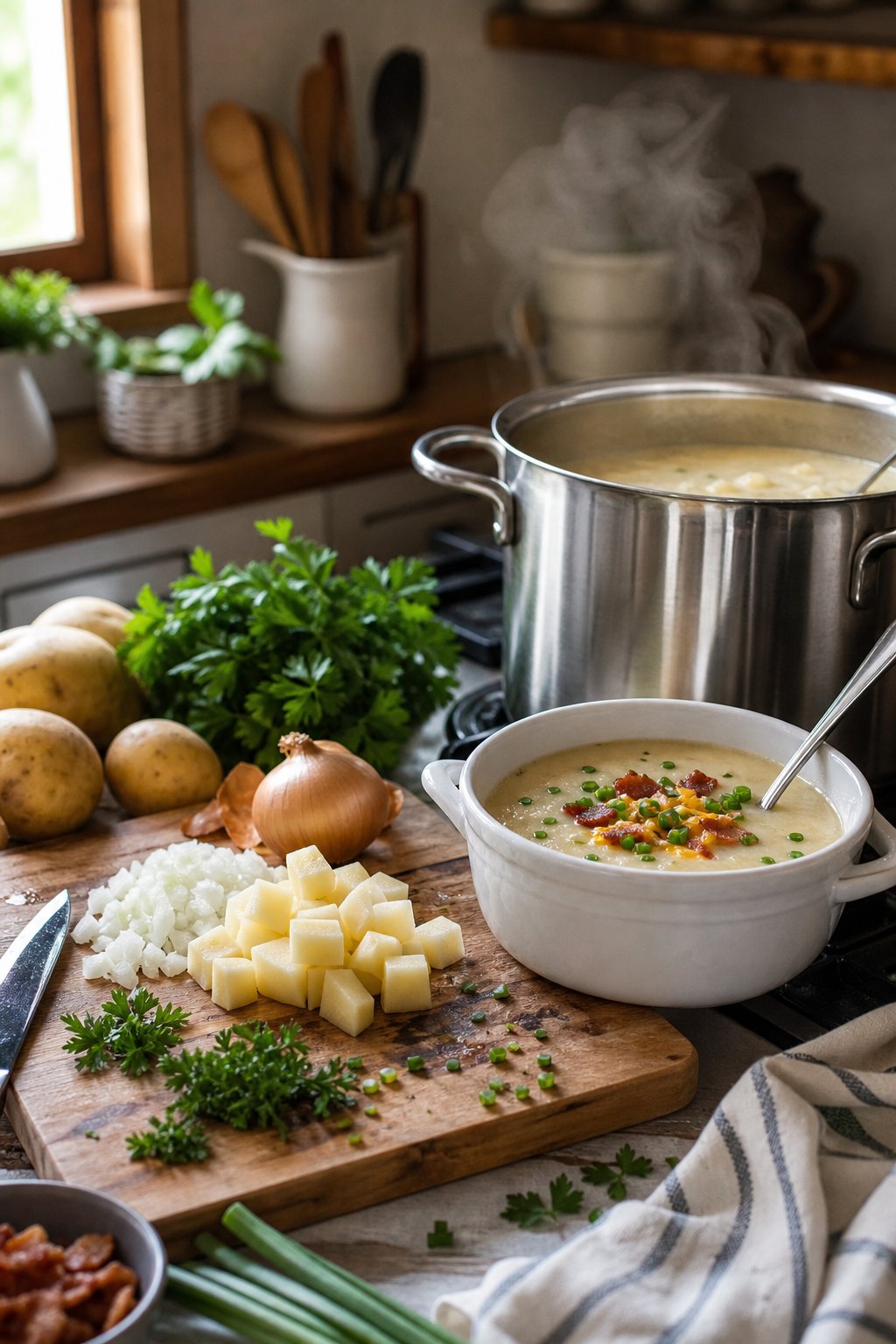 How to Make Potato Soup 2 A kitchen countertop with diced potatoes, onions, herbs, a pot of potato soup simmering on the stove, and a bowl of soup garnished with green onions and bacon.