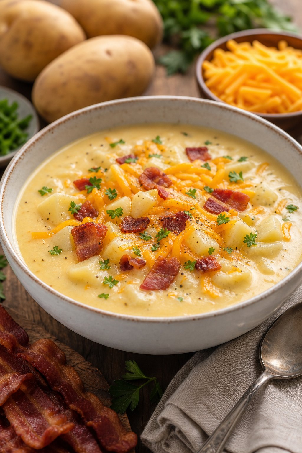 How to Make Potato Soup 3 A bowl of creamy potato soup topped with bacon and cheddar cheese on a wooden table with fresh ingredients around it.
