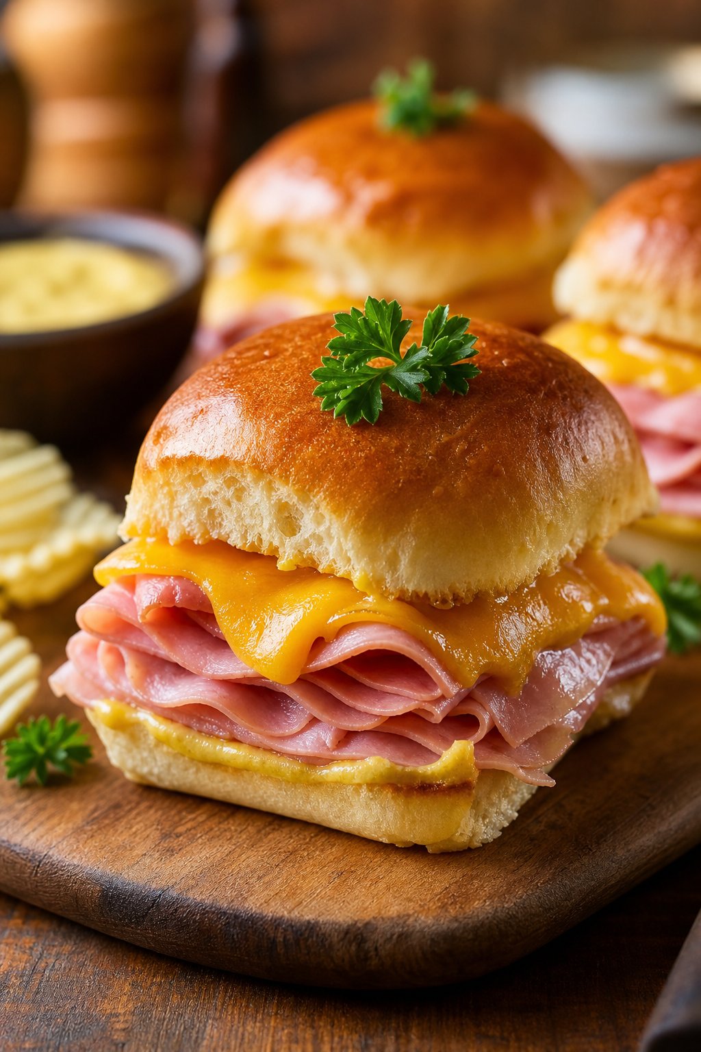 A close-up of a ham and cheese slider on a wooden board with melted cheese and a toasted bun, accompanied by potato chips and a small bowl of sauce.