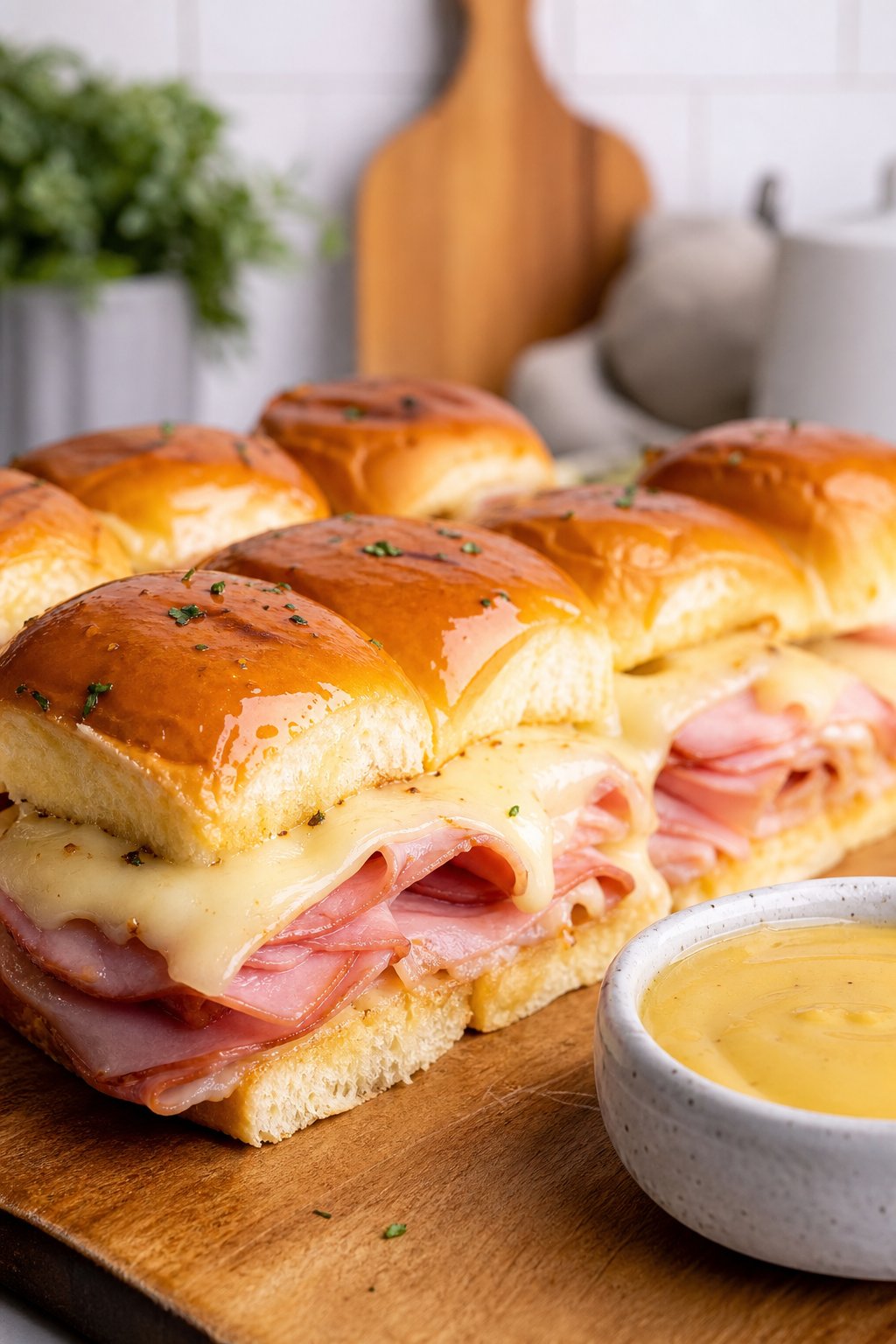 A plate of ham and cheese sliders on Hawaiian rolls with a bowl of honey mustard sauce on the side.