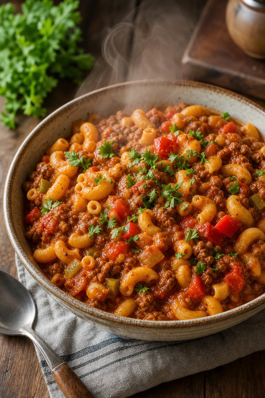 Easy One-Pot American Goulash – Ultimate Comfort Food 2 A bowl of steaming American goulash with ground beef, macaroni, tomato sauce, and bell peppers on a wooden table with a spoon and napkin.