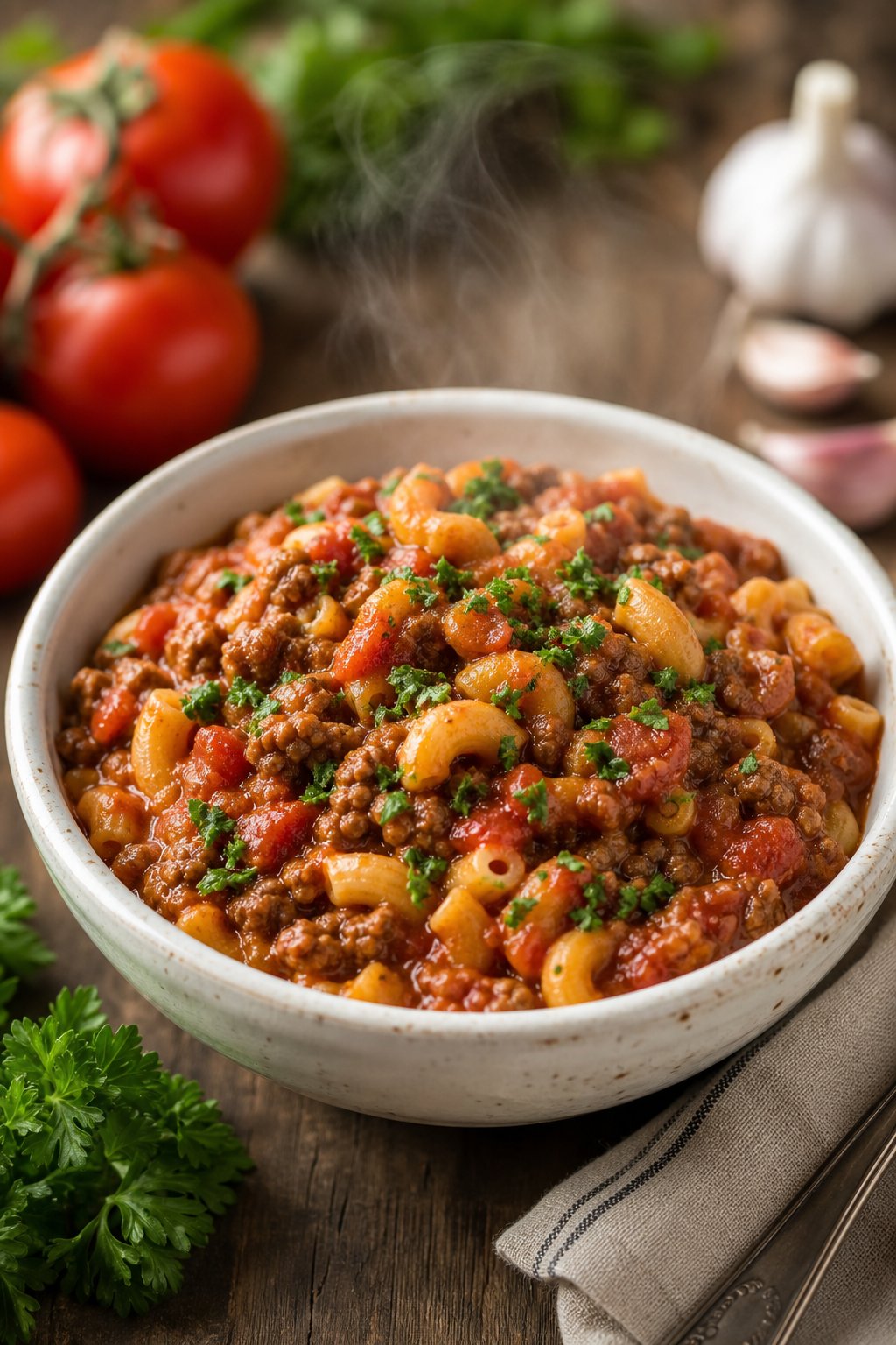 Easy One-Pot American Goulash – Ultimate Comfort Food 3 A bowl of American goulash with ground beef, elbow macaroni, and tomato sauce garnished with parsley on a wooden table.
