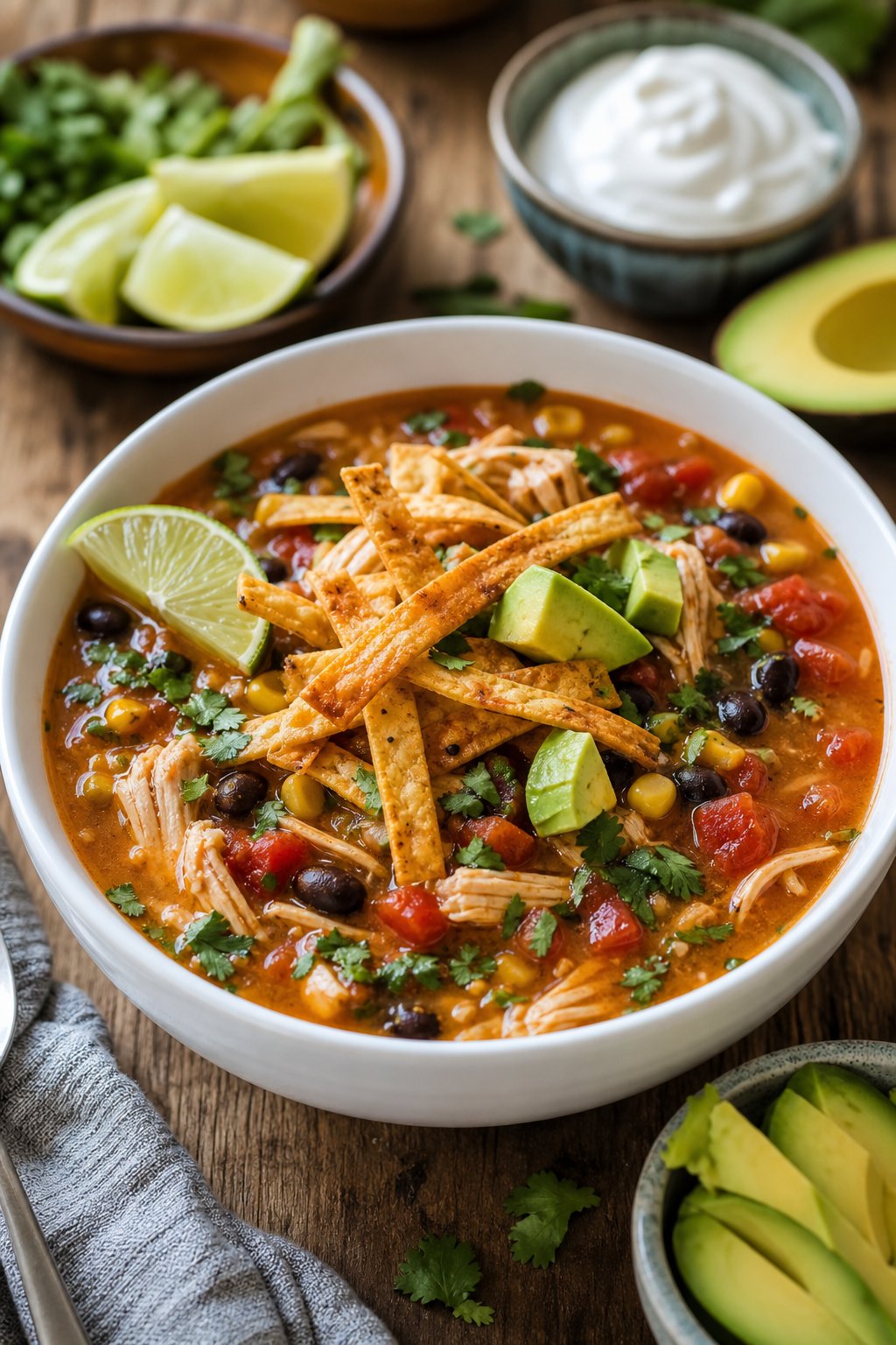 Easy Chicken Tortilla Soup Recipe 2 A bowl of chicken tortilla soup with tortilla strips on top, surrounded by lime wedges, avocado slices, and a small dish of sour cream on a wooden table.