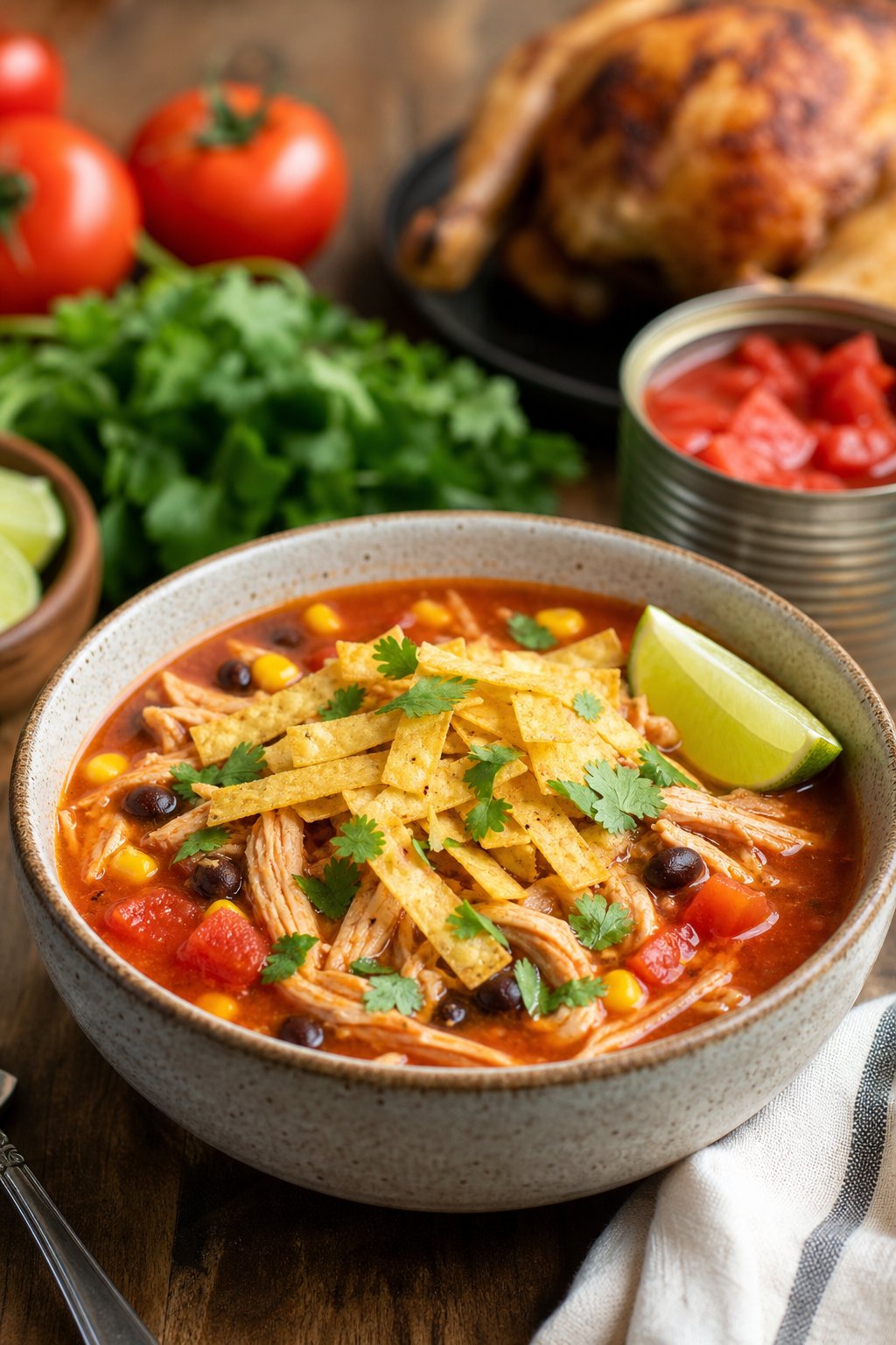 Easy Chicken Tortilla Soup Recipe 3 A bowl of chicken tortilla soup with shredded chicken, tomatoes, corn, beans, and tortilla strips on a wooden table.
