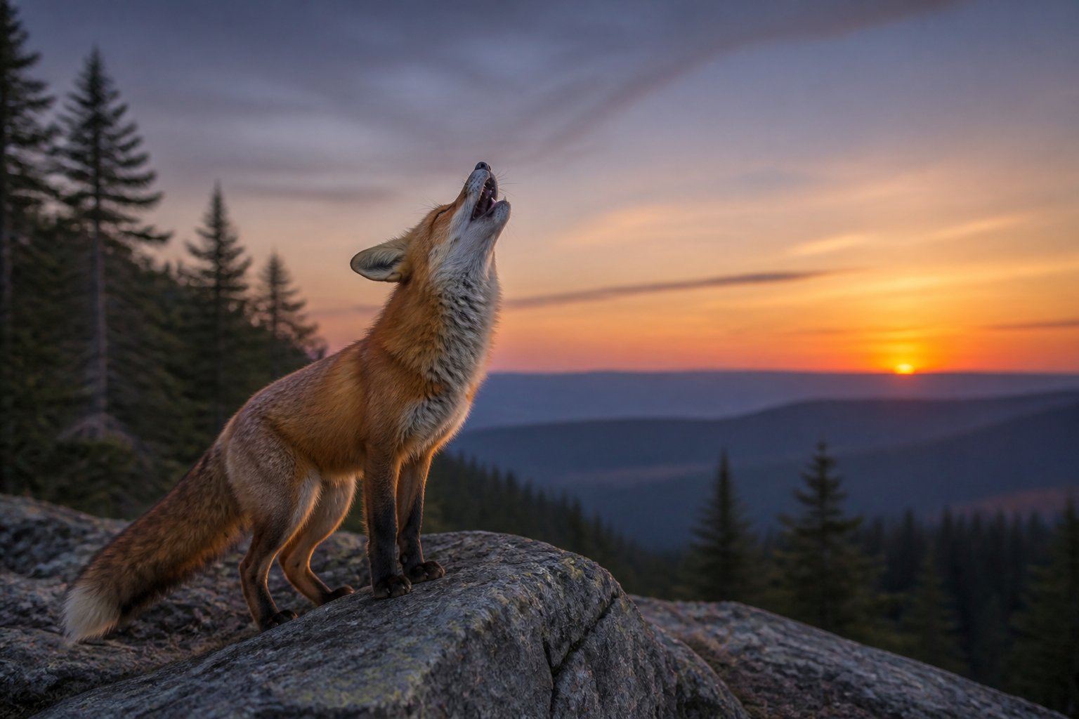 A red fox standing on a rocky outcrop in a forest at dusk, howling with its head raised.