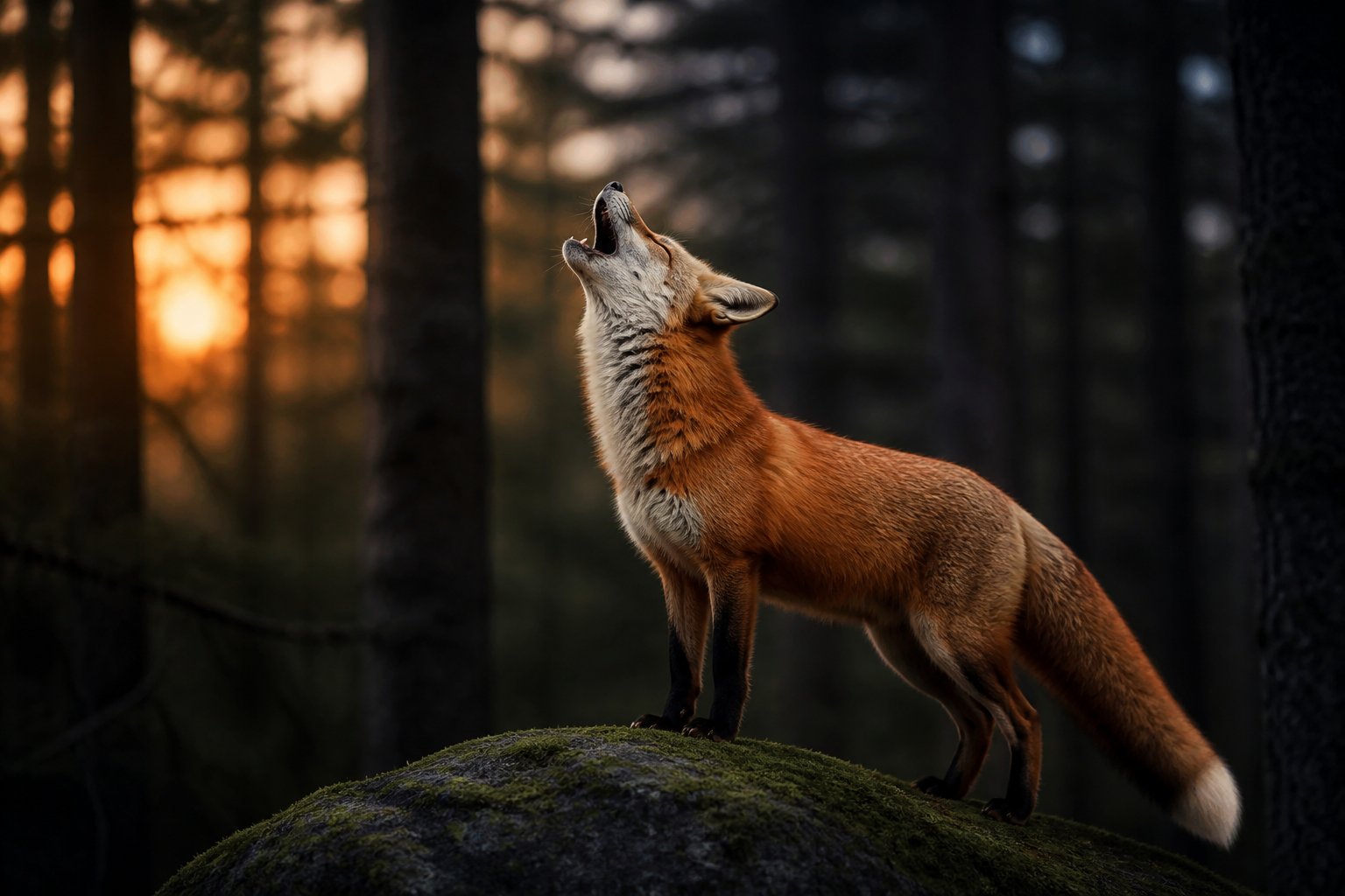 A red fox standing on a rock in a forest with its head raised and mouth open as if howling.