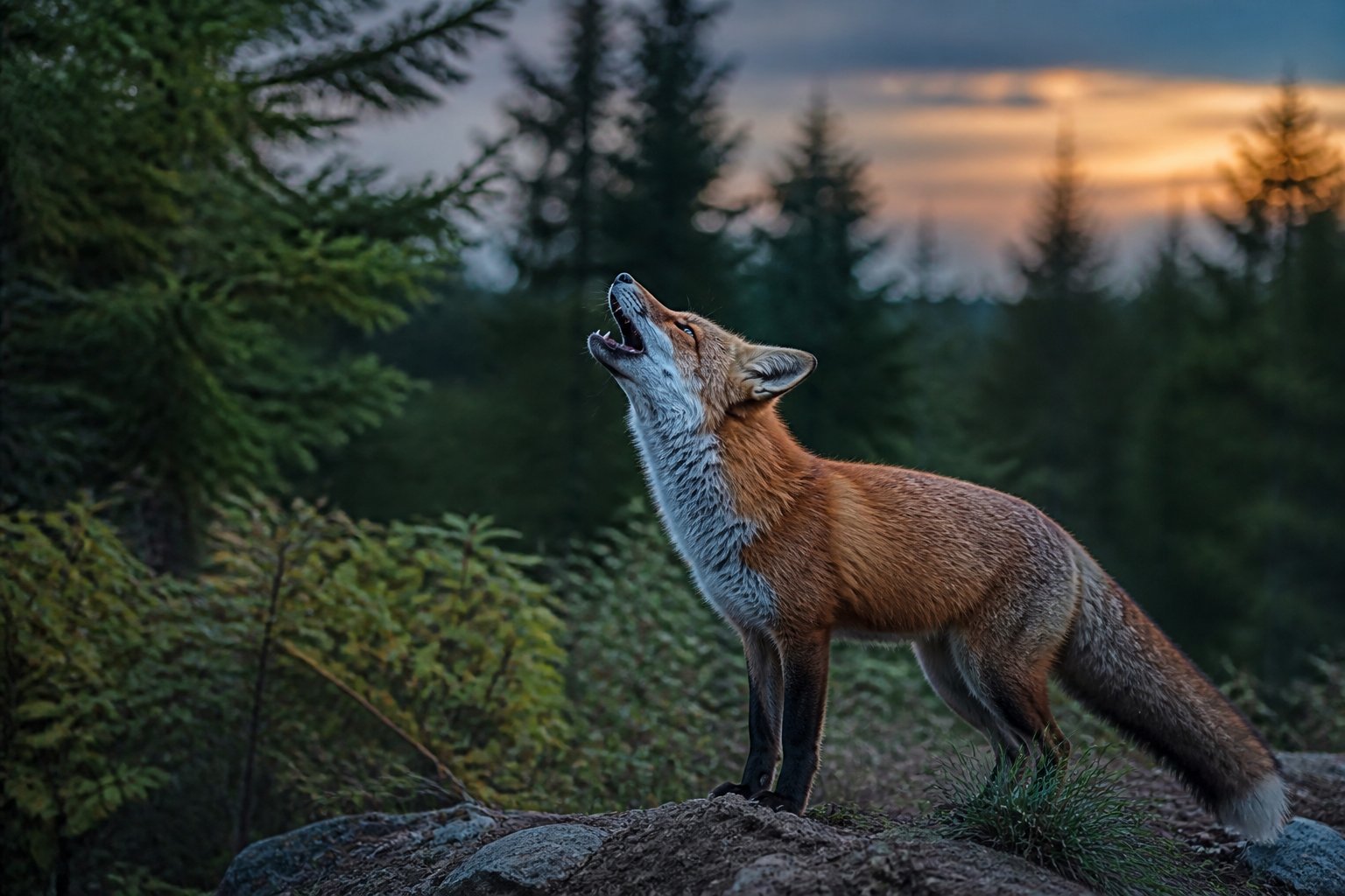 A red fox in a forest at twilight with its head raised and mouth open as if howling.