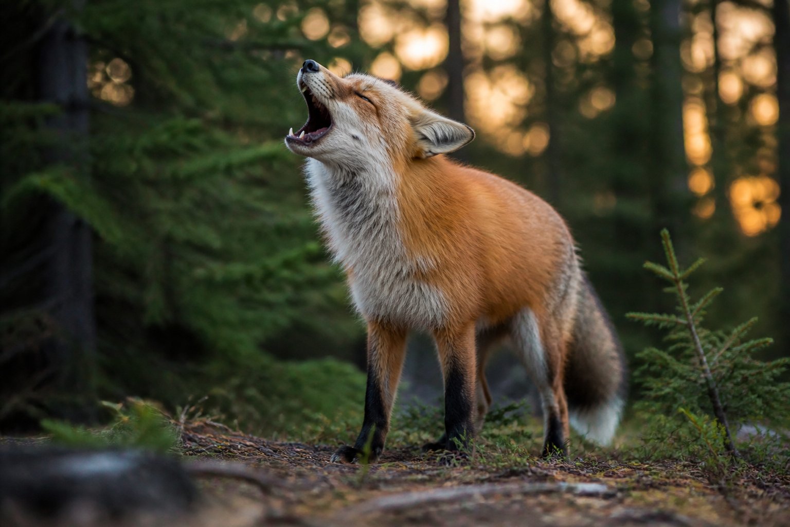 A red fox in a forest at twilight with its mouth open as if howling.