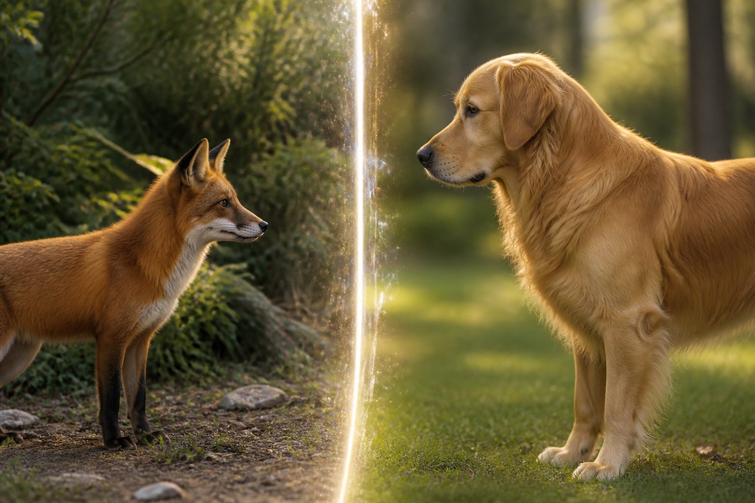 A fox and a dog standing calmly outdoors separated by a subtle invisible barrier.