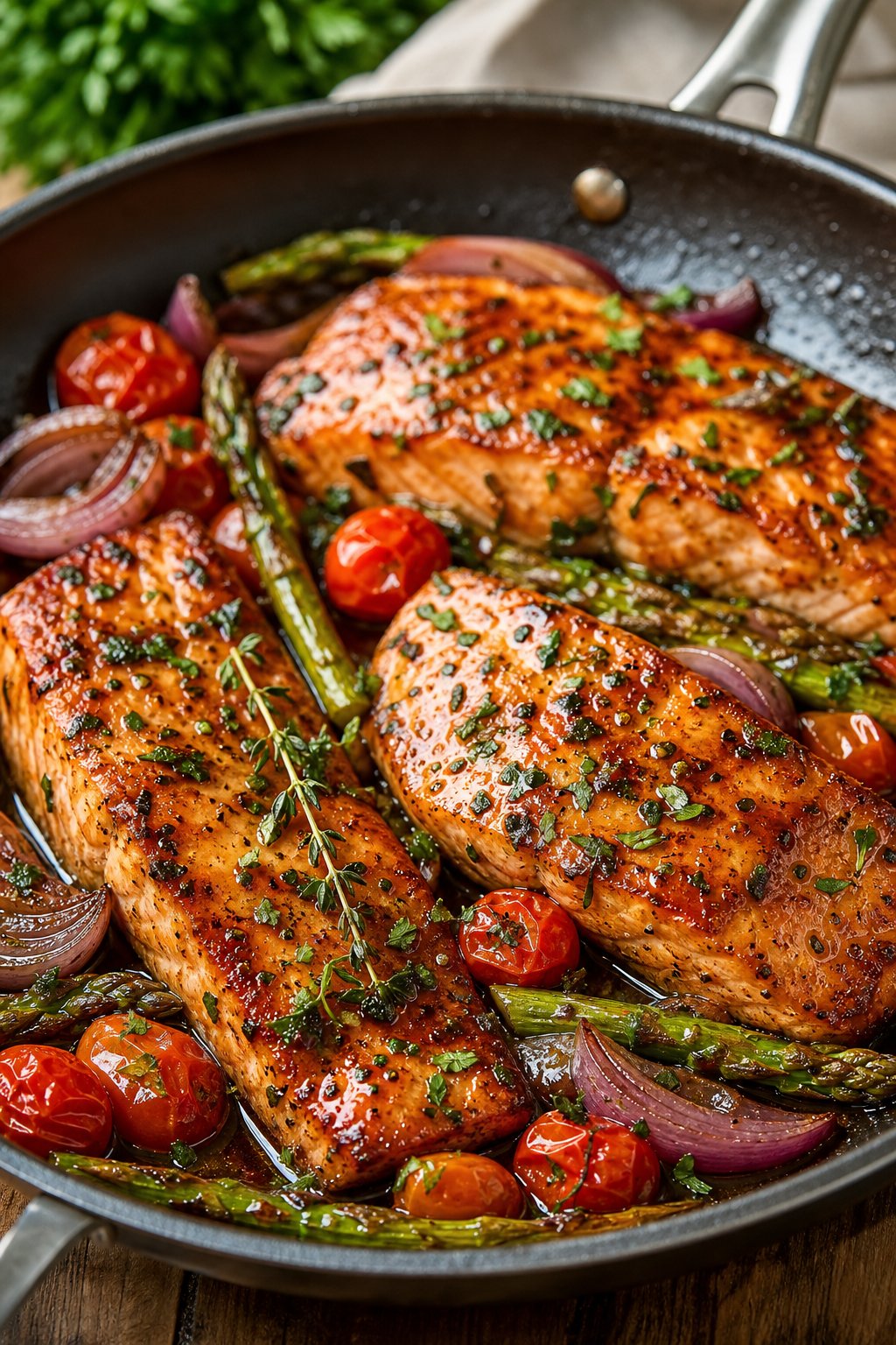 One-Pan Maple Glazed Salmon that’s Better than Restaurant Quality 2 A pan with maple glazed salmon fillets and roasted vegetables including asparagus and cherry tomatoes.