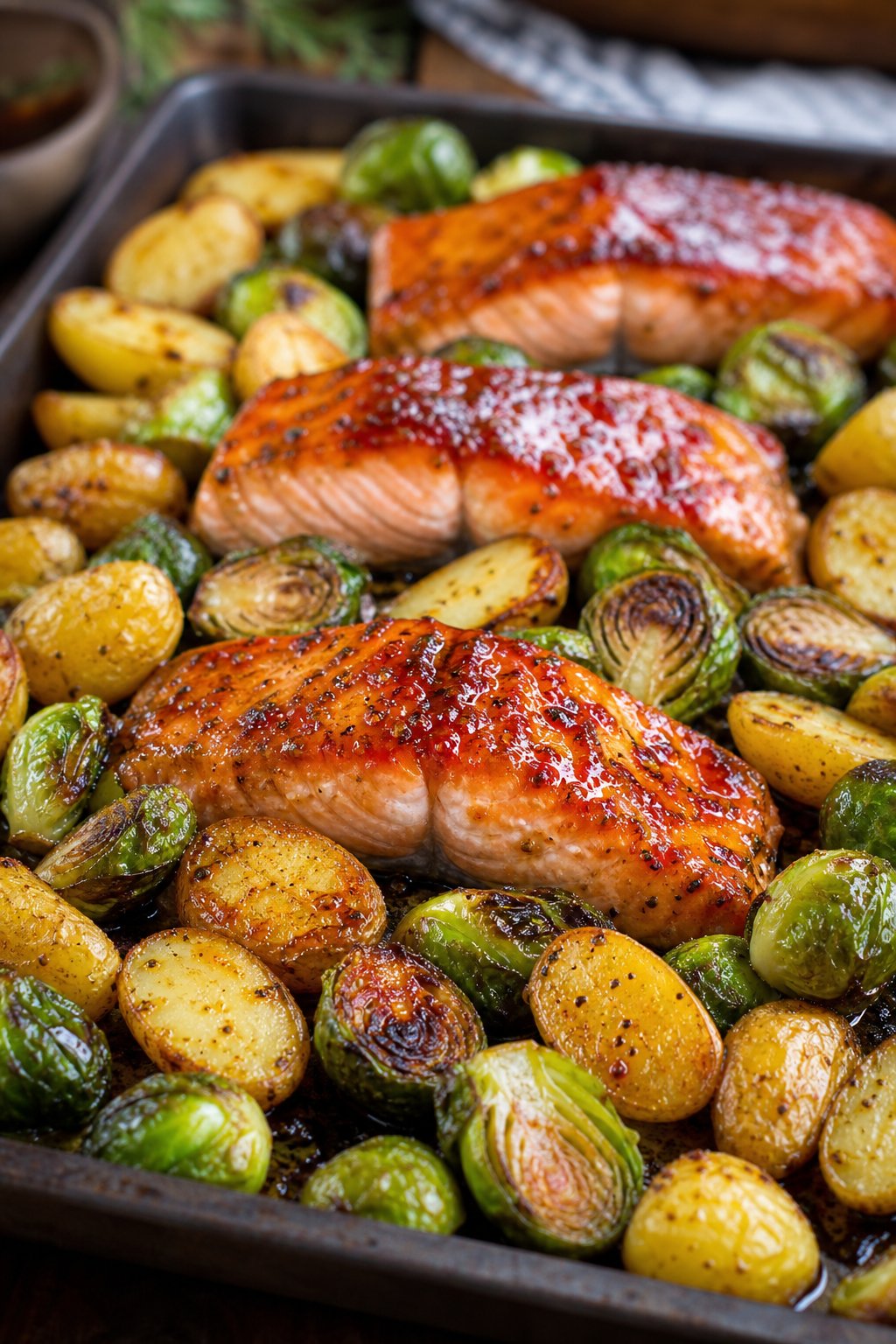 One-Pan Maple Glazed Salmon that’s Better than Restaurant Quality 3 A cooked one-pan meal with maple-glazed salmon, roasted Brussels sprouts, and fingerling potatoes on a dark baking sheet.