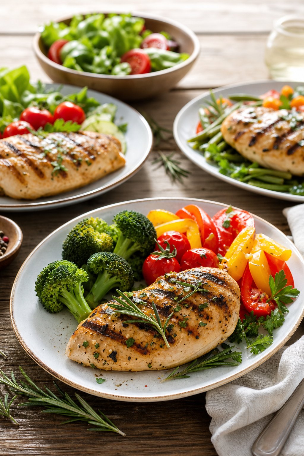 22 Heart-Healthy Chicken Recipes to Keep You Feeling Great! 2 A table with plates of grilled chicken and fresh vegetables arranged attractively.