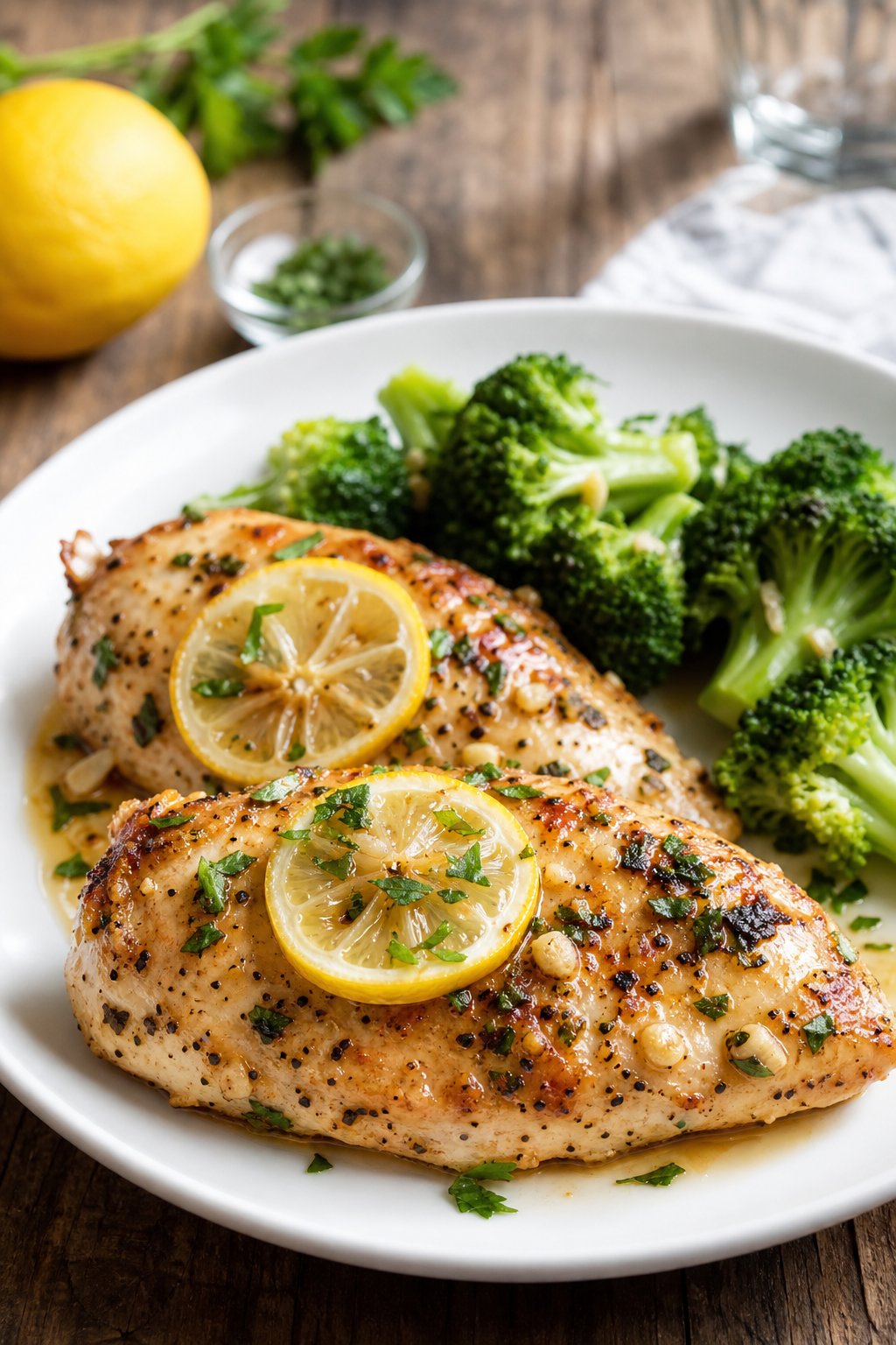 22 Heart-Healthy Chicken Recipes to Keep You Feeling Great! 3 A plate with lemon-garlic baked chicken breasts and steamed broccoli on a wooden table.