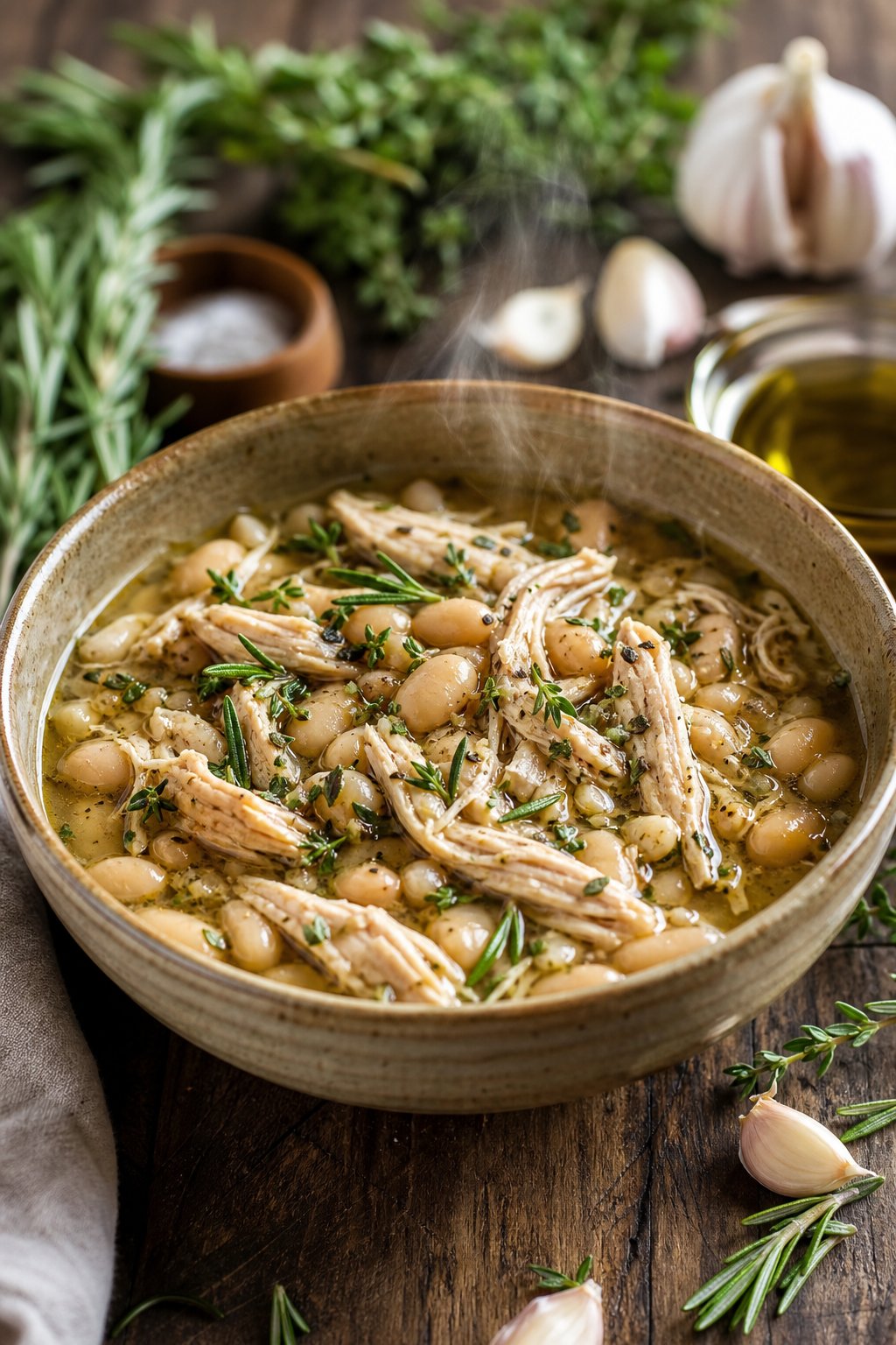 22 Heart-Healthy Chicken Recipes to Keep You Feeling Great! 4 Bowl of herbed slow-cooker chicken and white beans garnished with fresh herbs on a wooden table.