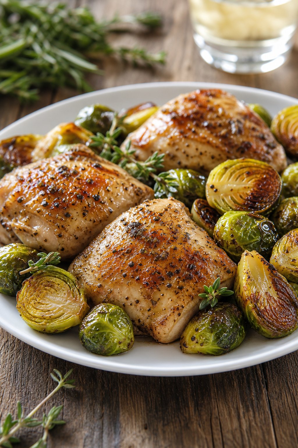 22 Heart-Healthy Chicken Recipes to Keep You Feeling Great! 5 Plate with cooked skinless chicken thighs and roasted Brussels sprouts on a wooden table.