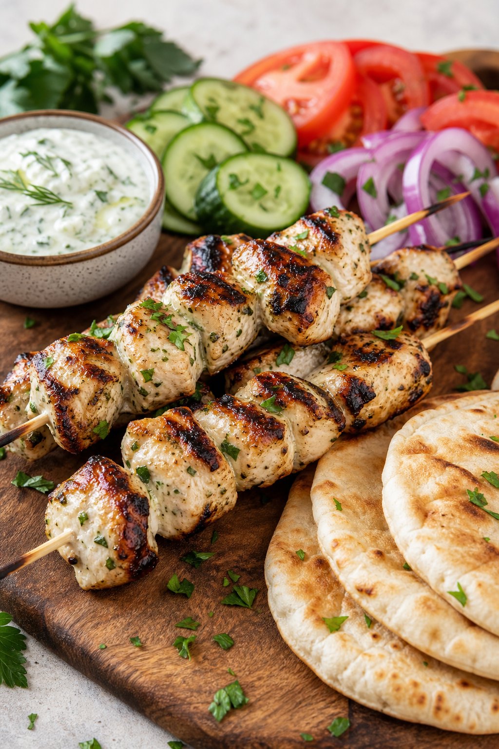 22 Heart-Healthy Chicken Recipes to Keep You Feeling Great! 6 Grilled chicken souvlaki skewers with pita bread, fresh vegetables, and a bowl of tzatziki sauce on a wooden board.