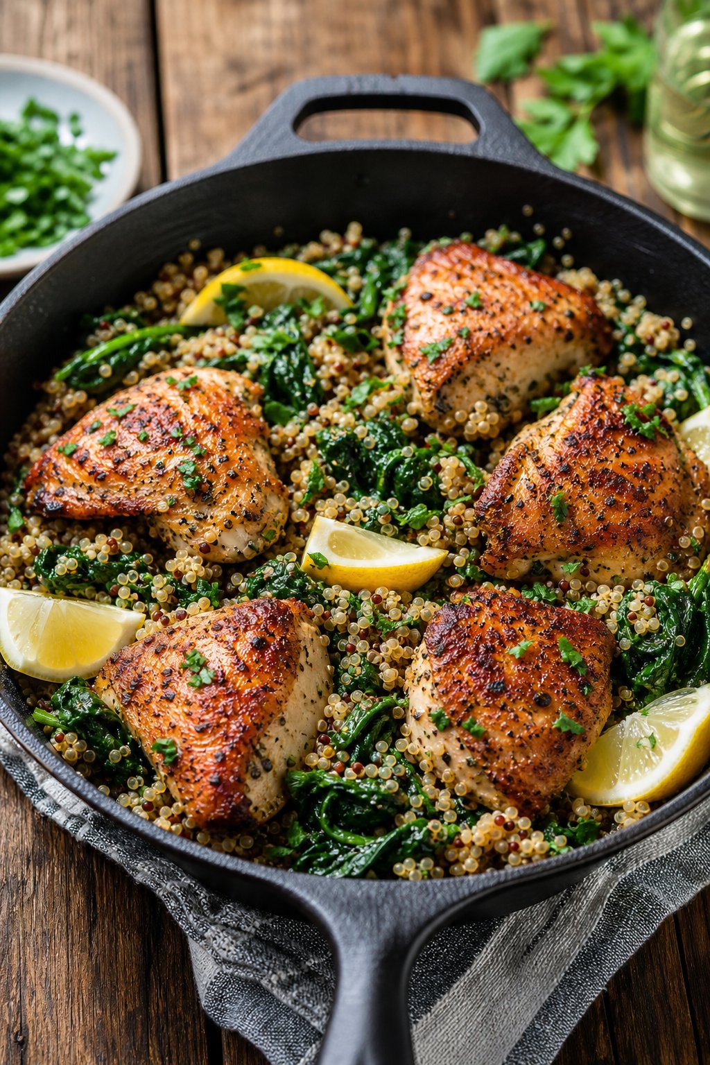22 Heart-Healthy Chicken Recipes to Keep You Feeling Great! 7 A skillet containing roasted chicken, quinoa, and sautéed spinach on a wooden table.