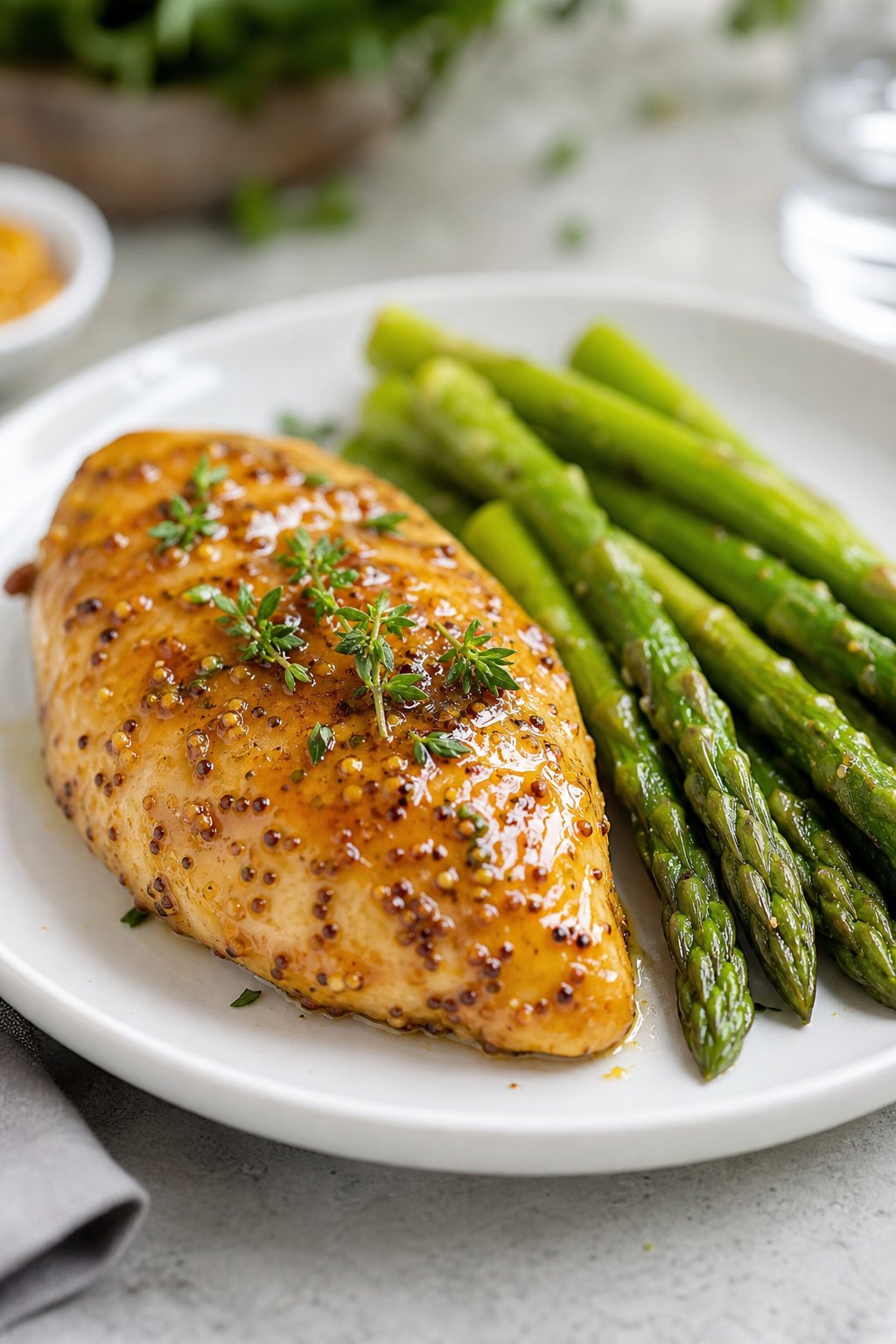 22 Heart-Healthy Chicken Recipes to Keep You Feeling Great! 8 A plate with honey-Dijon glazed chicken breast and green asparagus spears.