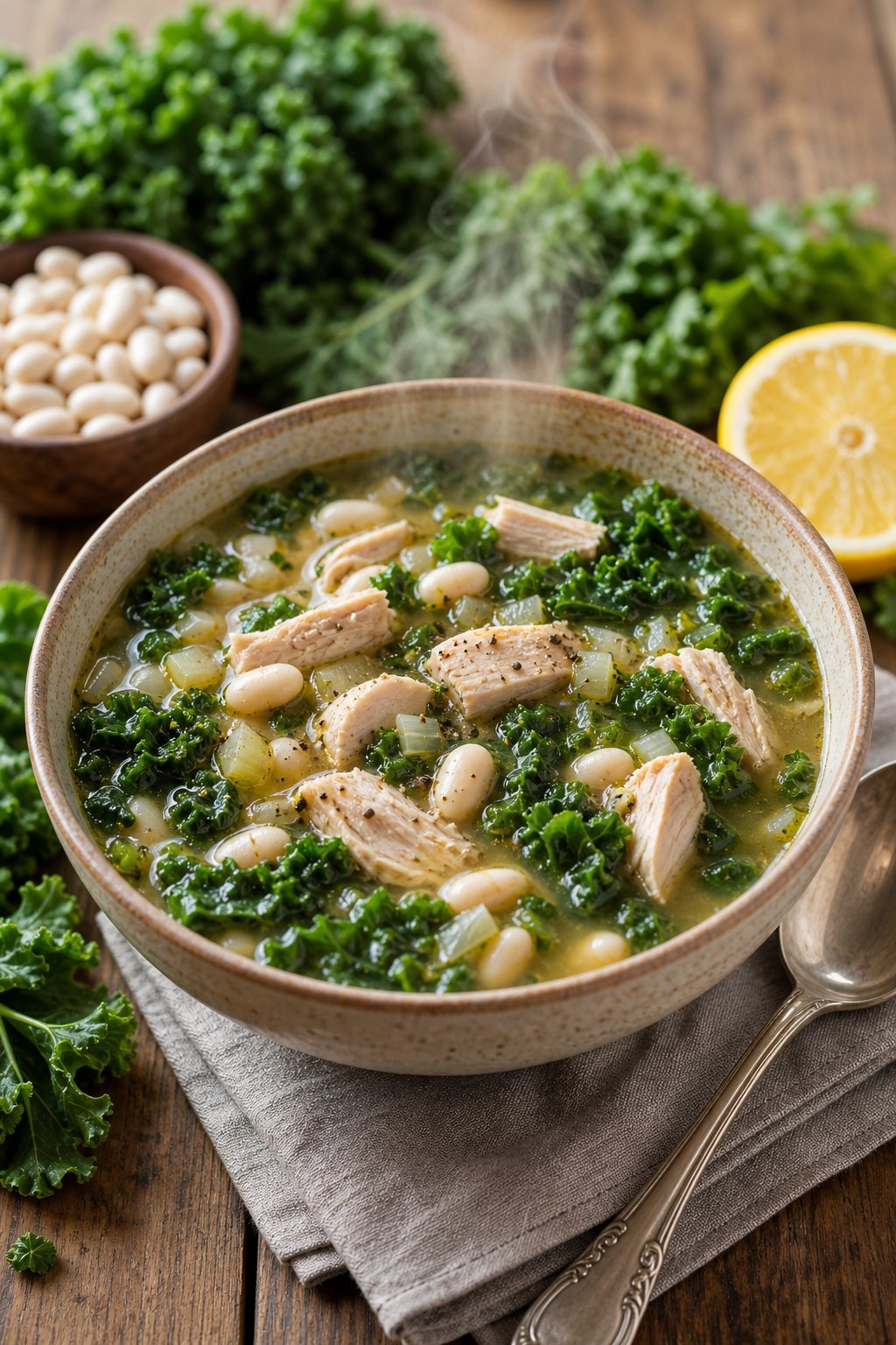 22 Heart-Healthy Chicken Recipes to Keep You Feeling Great! 9 A bowl of chicken, kale, and white bean soup on a wooden table with fresh ingredients around it.