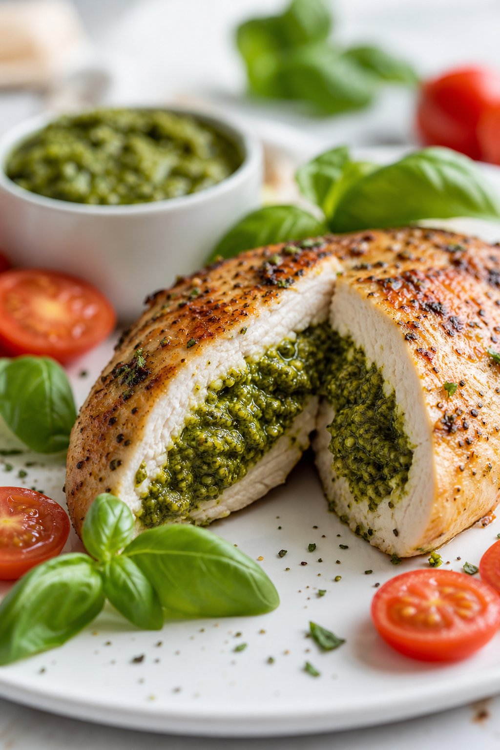 22 Heart-Healthy Chicken Recipes to Keep You Feeling Great! 10 A sliced chicken breast stuffed with green pesto on a white plate, garnished with basil leaves and cherry tomatoes.