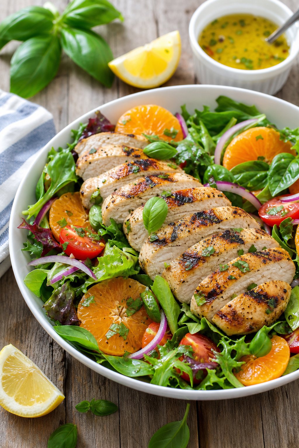 22 Heart-Healthy Chicken Recipes to Keep You Feeling Great! 11 A bowl of grilled chicken salad with leafy greens, orange slices, basil leaves, and cherry tomatoes on a wooden table.