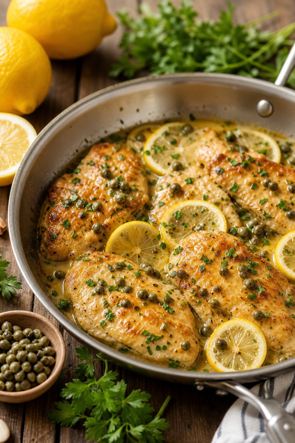 22 Heart-Healthy Chicken Recipes to Keep You Feeling Great! 13 A skillet with cooked chicken piccata topped with capers and lemon slices on a wooden table with fresh ingredients around it.