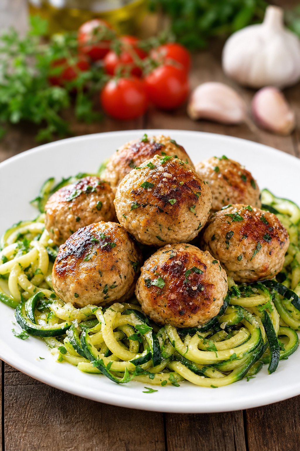 22 Heart-Healthy Chicken Recipes to Keep You Feeling Great! 14 A plate of turkey-chicken meatballs served with zucchini noodles on a wooden table with fresh ingredients in the background.