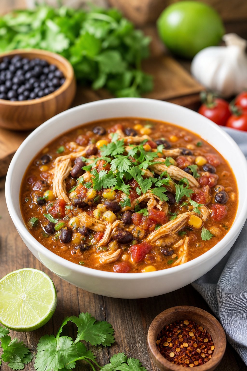 22 Heart-Healthy Chicken Recipes to Keep You Feeling Great! 15 A bowl of chicken chili with black beans and vegetables on a wooden table with fresh ingredients around it.