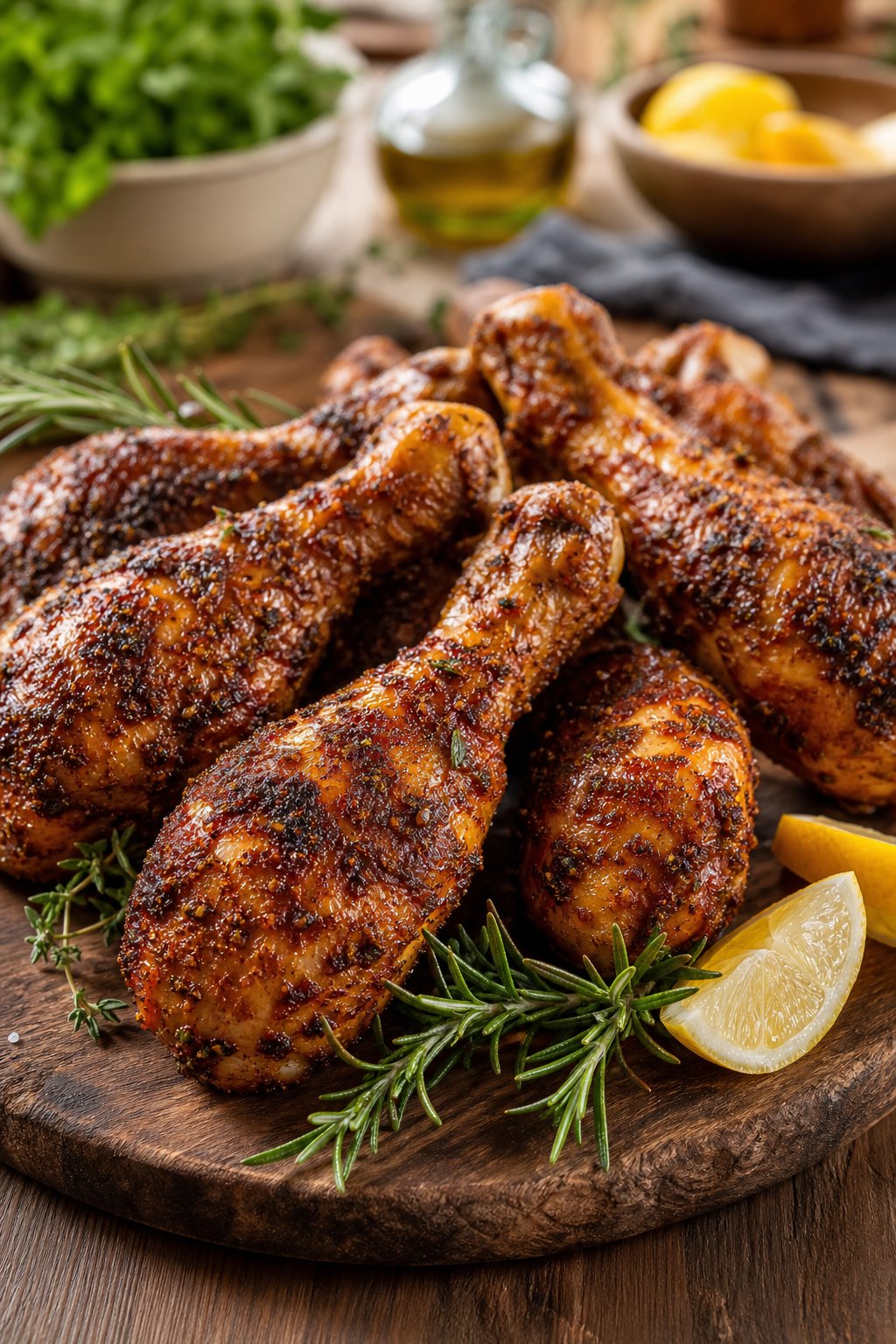 22 Heart-Healthy Chicken Recipes to Keep You Feeling Great! 16 Baked barbecue-rubbed chicken drumsticks without skin arranged on a wooden board with fresh herb garnishes and lemon wedges.