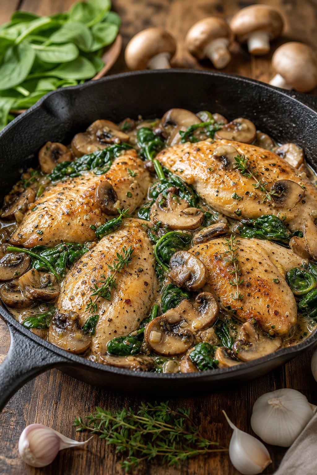 22 Heart-Healthy Chicken Recipes to Keep You Feeling Great! 17 A skillet with cooked chicken breasts, mushrooms, and spinach on a wooden table surrounded by fresh ingredients.
