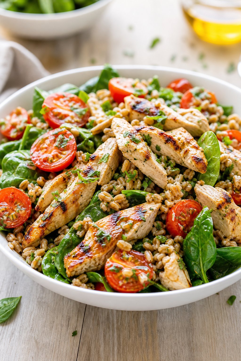 22 Heart-Healthy Chicken Recipes to Keep You Feeling Great! 18 A bowl of chicken and farro salad with cherry tomatoes and greens on a wooden table.