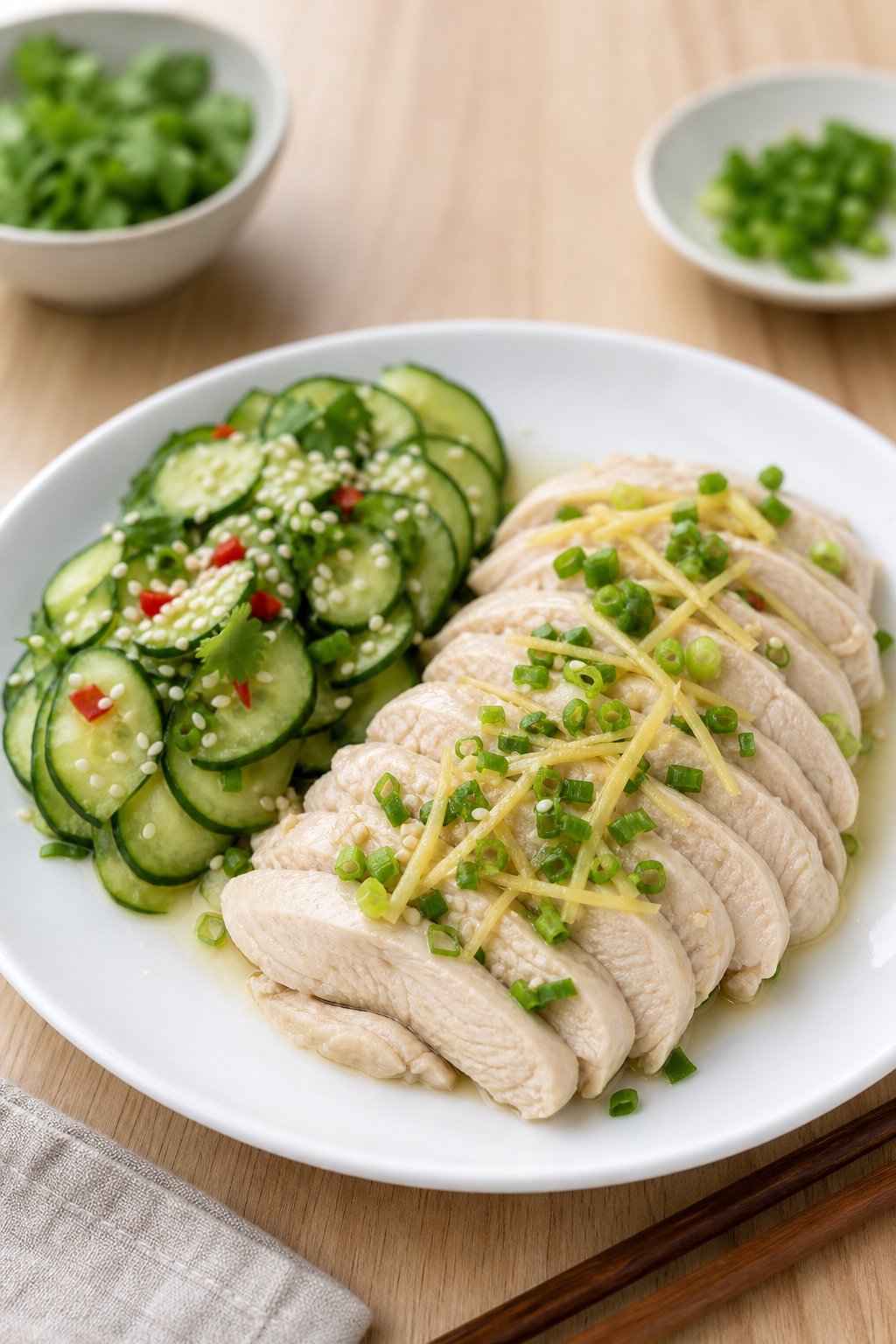 22 Heart-Healthy Chicken Recipes to Keep You Feeling Great! 19 A plate of ginger-scallion poached chicken with sliced cucumber salad on a wooden table.