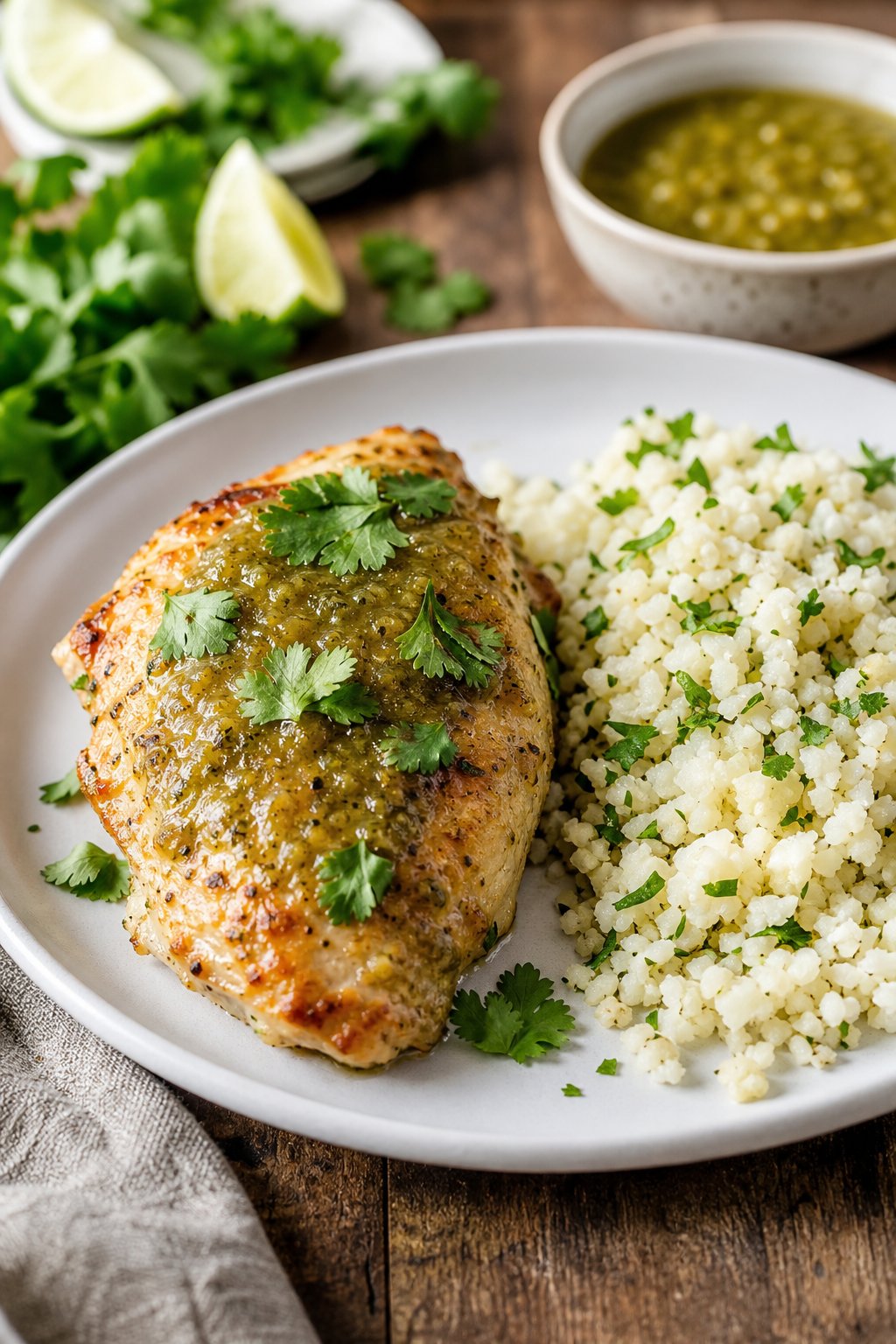 22 Heart-Healthy Chicken Recipes to Keep You Feeling Great! 20 A plate of salsa-verde baked chicken with cauliflower rice garnished with fresh cilantro on a wooden table.