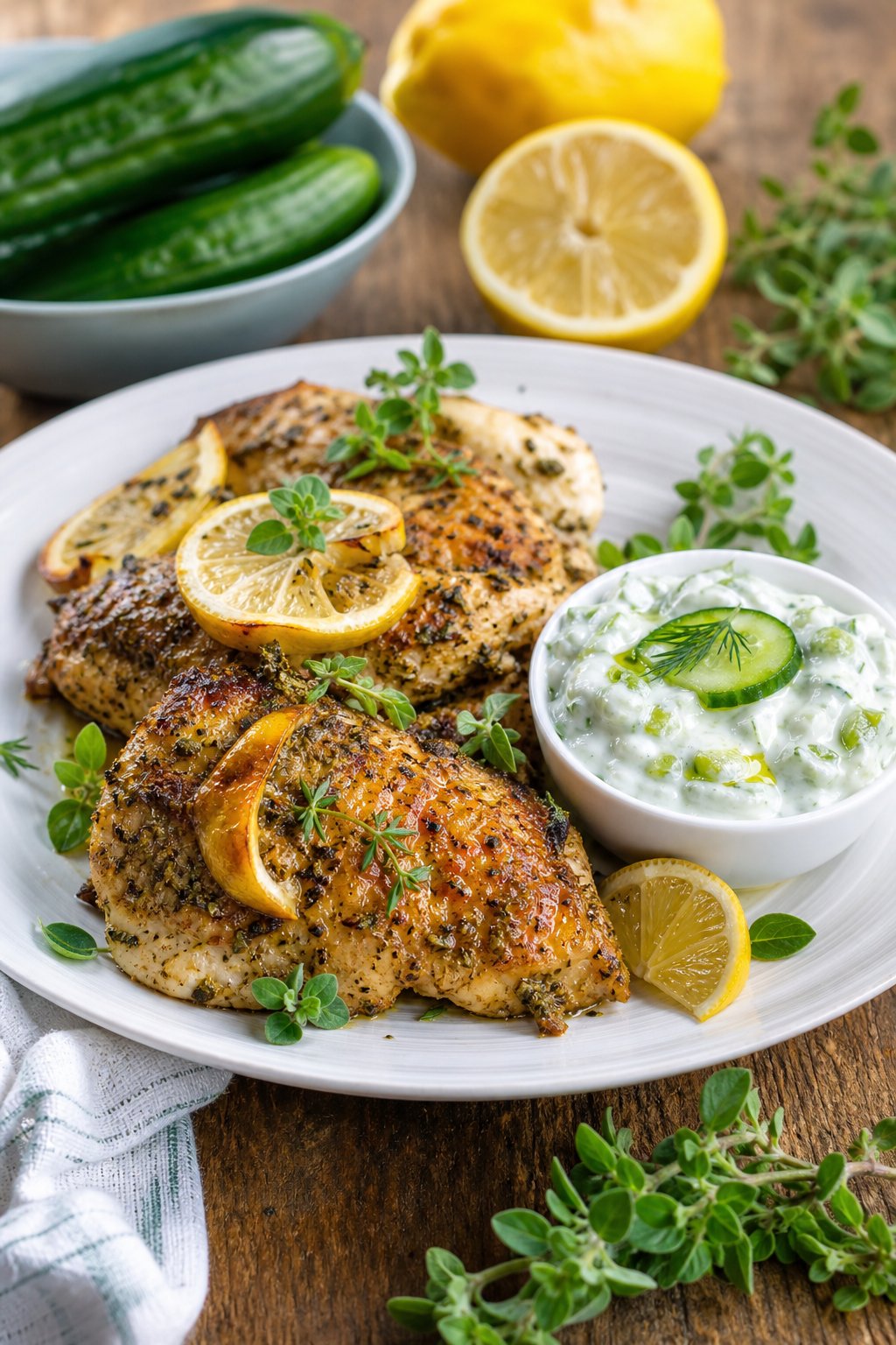 22 Heart-Healthy Chicken Recipes to Keep You Feeling Great! 21 A plate of golden lemon-oregano chicken served with cucumber yogurt sauce and fresh herb garnishes on a wooden table.
