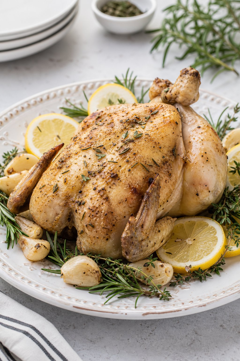 22 Heart-Healthy Chicken Recipes to Keep You Feeling Great! 22 A whole roasted chicken without skin on a white platter garnished with lemon slices, garlic cloves, and fresh herbs.