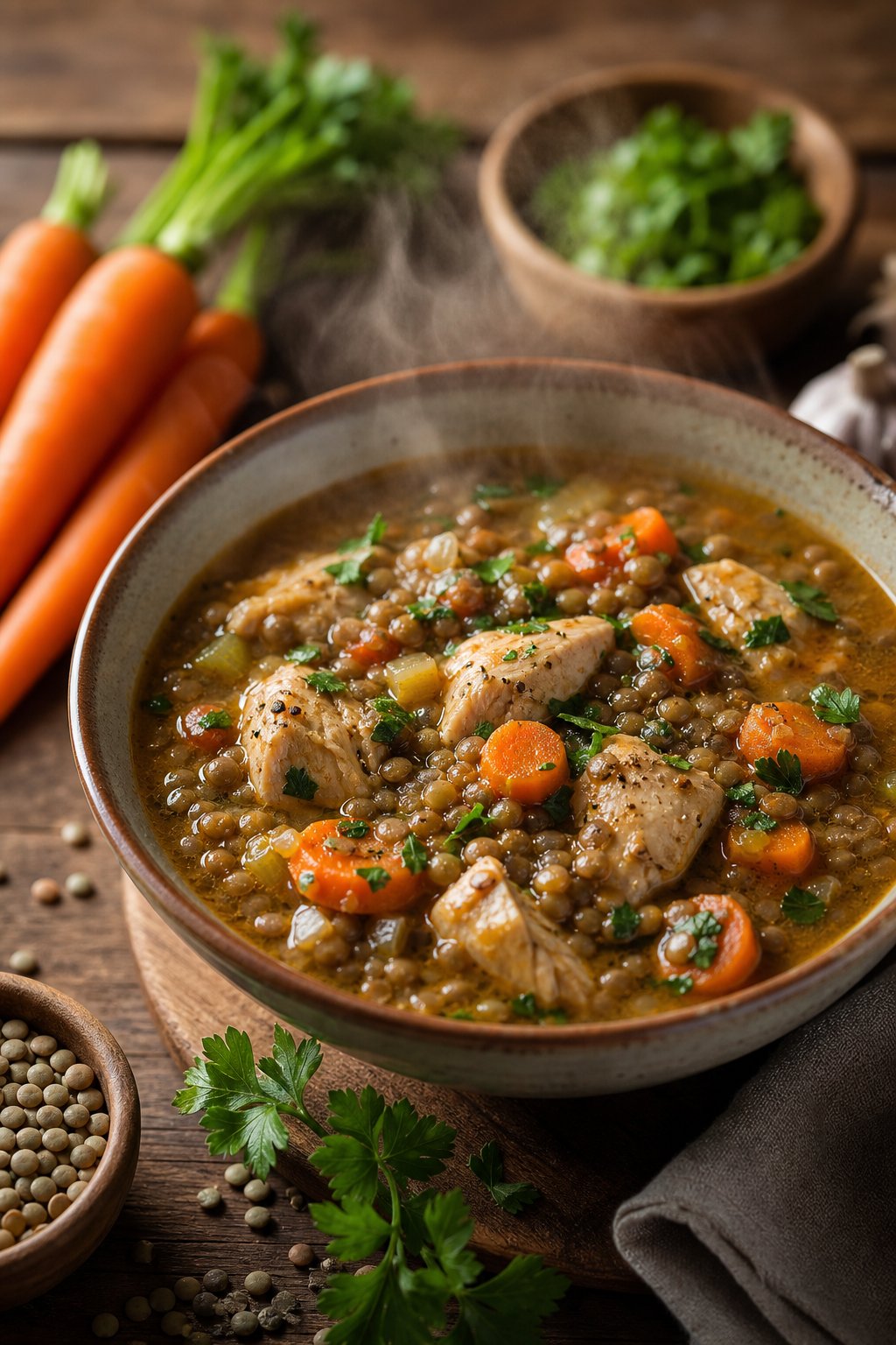 22 Heart-Healthy Chicken Recipes to Keep You Feeling Great! 23 A bowl of chicken and lentil stew with carrots on a wooden table, surrounded by fresh ingredients.