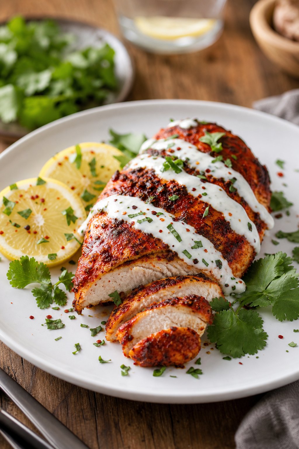 22 Heart-Healthy Chicken Recipes to Keep You Feeling Great! 24 A plate with a spicy harissa-rubbed chicken breast topped with yogurt drizzle and garnished with fresh herbs and lemon slices.