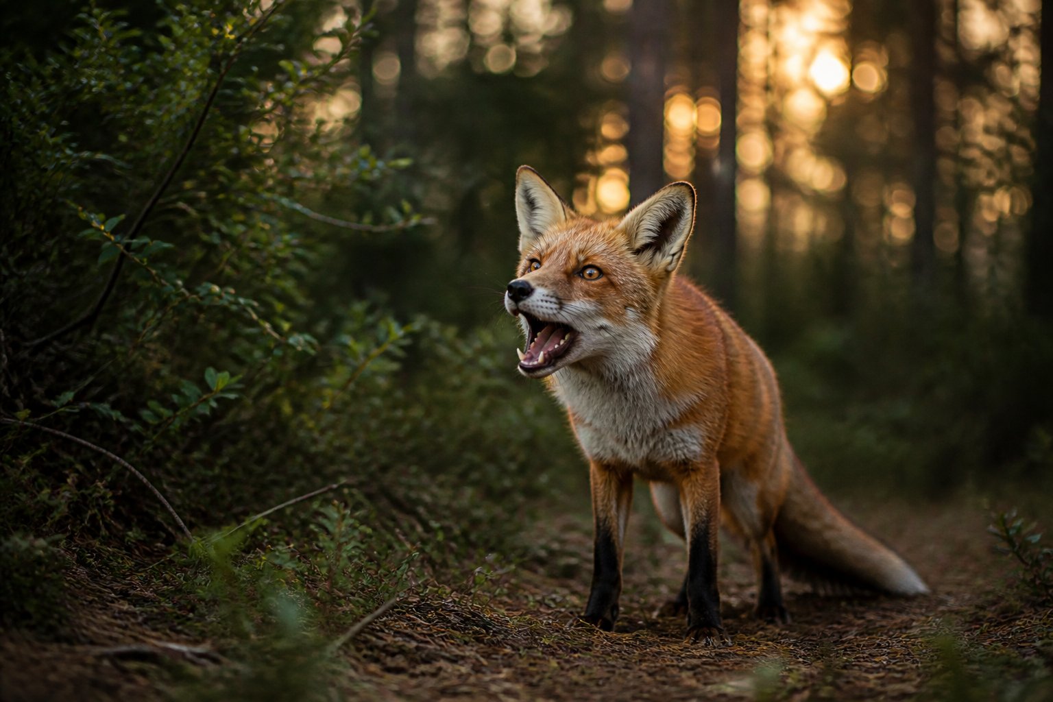 A red fox in a forest at dusk with its mouth open as if barking, surrounded by green trees and soft sunlight.