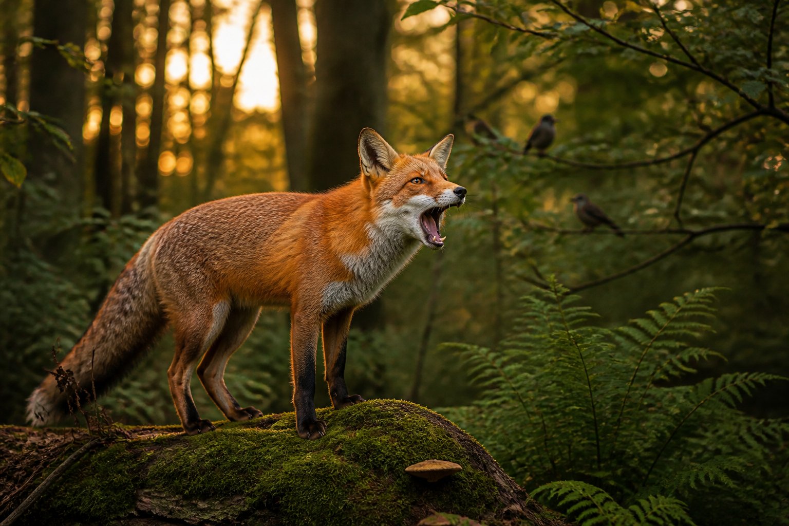 A red fox standing on a mossy log in a forest at dusk with its mouth open as if barking.