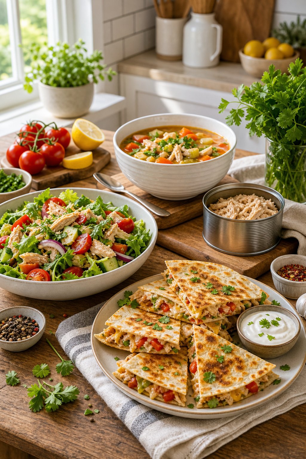 15 Easy Recipes Using Canned Chicken You’ll Actually Love: Quick and Delicious Meal Ideas 2 A table with several colorful dishes made from canned chicken, including salad, soup, and quesadilla, surrounded by fresh ingredients in a bright kitchen.