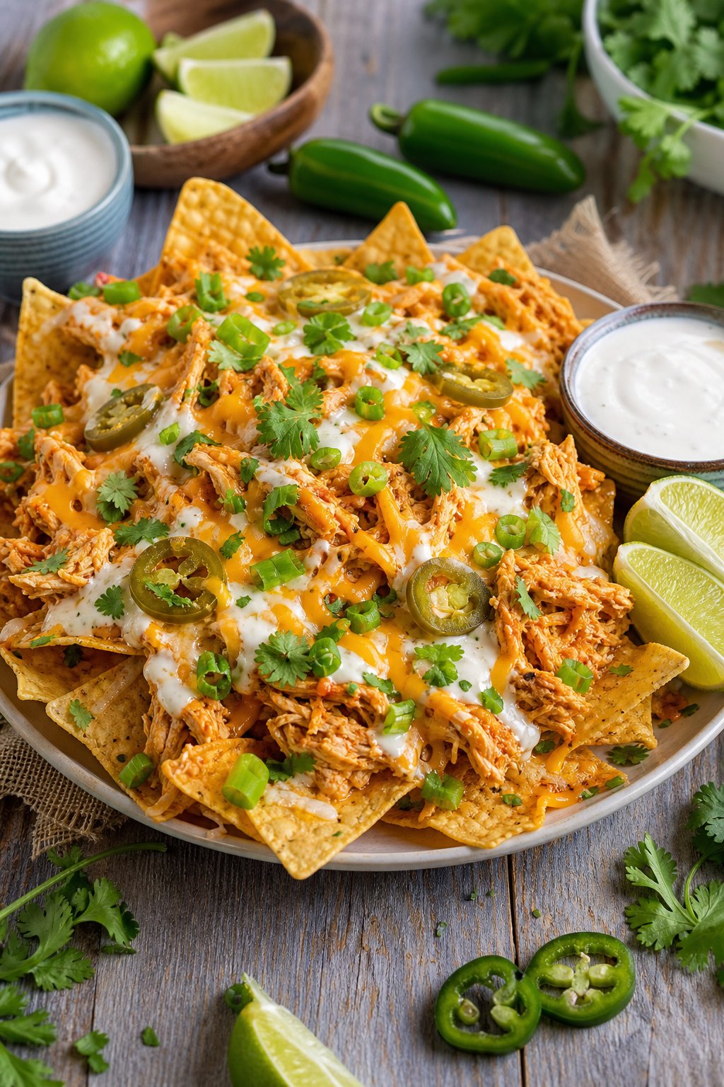 15 Easy Recipes Using Canned Chicken You’ll Actually Love: Quick and Delicious Meal Ideas 3 A plate of buffalo ranch canned chicken nachos topped with melted cheese, jalapeños, green onions, and cilantro, served with ranch dressing and lime wedges on a wooden table.