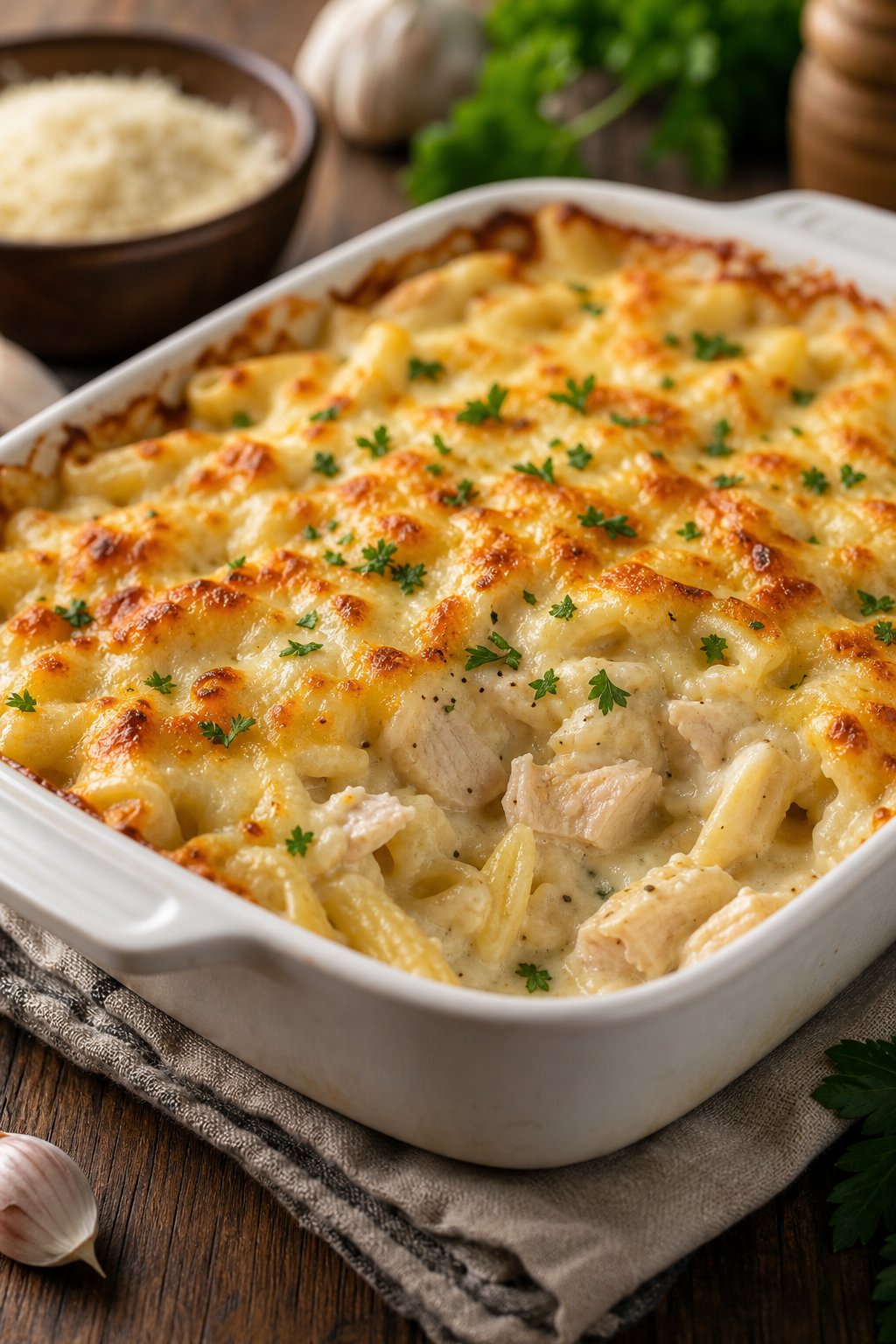 15 Easy Recipes Using Canned Chicken You’ll Actually Love: Quick and Delicious Meal Ideas 4 A creamy chicken Alfredo pasta bake in a white ceramic dish on a wooden table with fresh herbs and cheese around it.