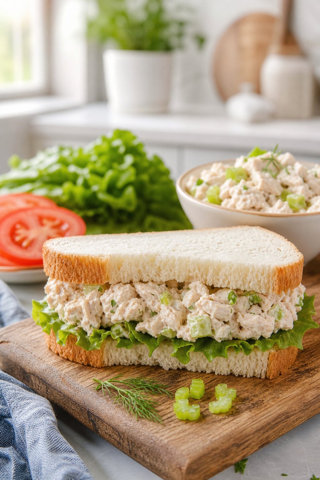 15 Easy Recipes Using Canned Chicken You’ll Actually Love: Quick and Delicious Meal Ideas 5 A chicken salad sandwich on a wooden board with fresh lettuce, tomato slices, and a bowl of chicken salad on a kitchen countertop.