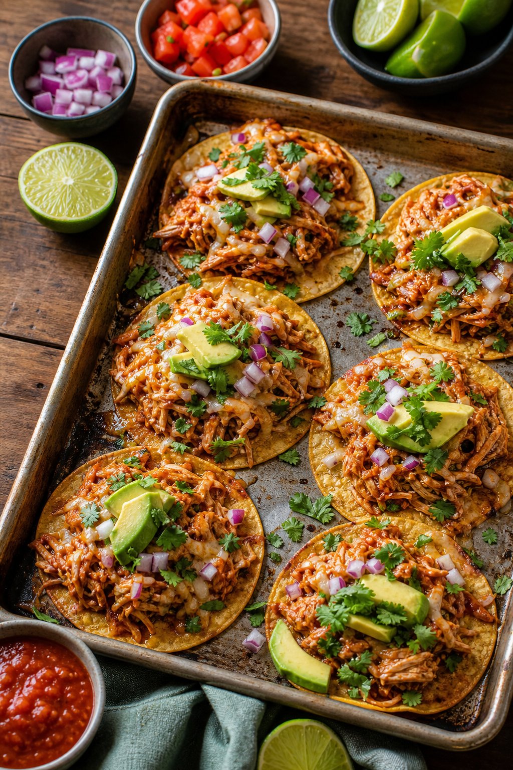 15 Easy Recipes Using Canned Chicken You’ll Actually Love: Quick and Delicious Meal Ideas 6 Sheet pan filled with BBQ canned chicken tacos topped with cheese, cilantro, and avocado slices on a wooden table with small bowls of salsa and lime wedges nearby.