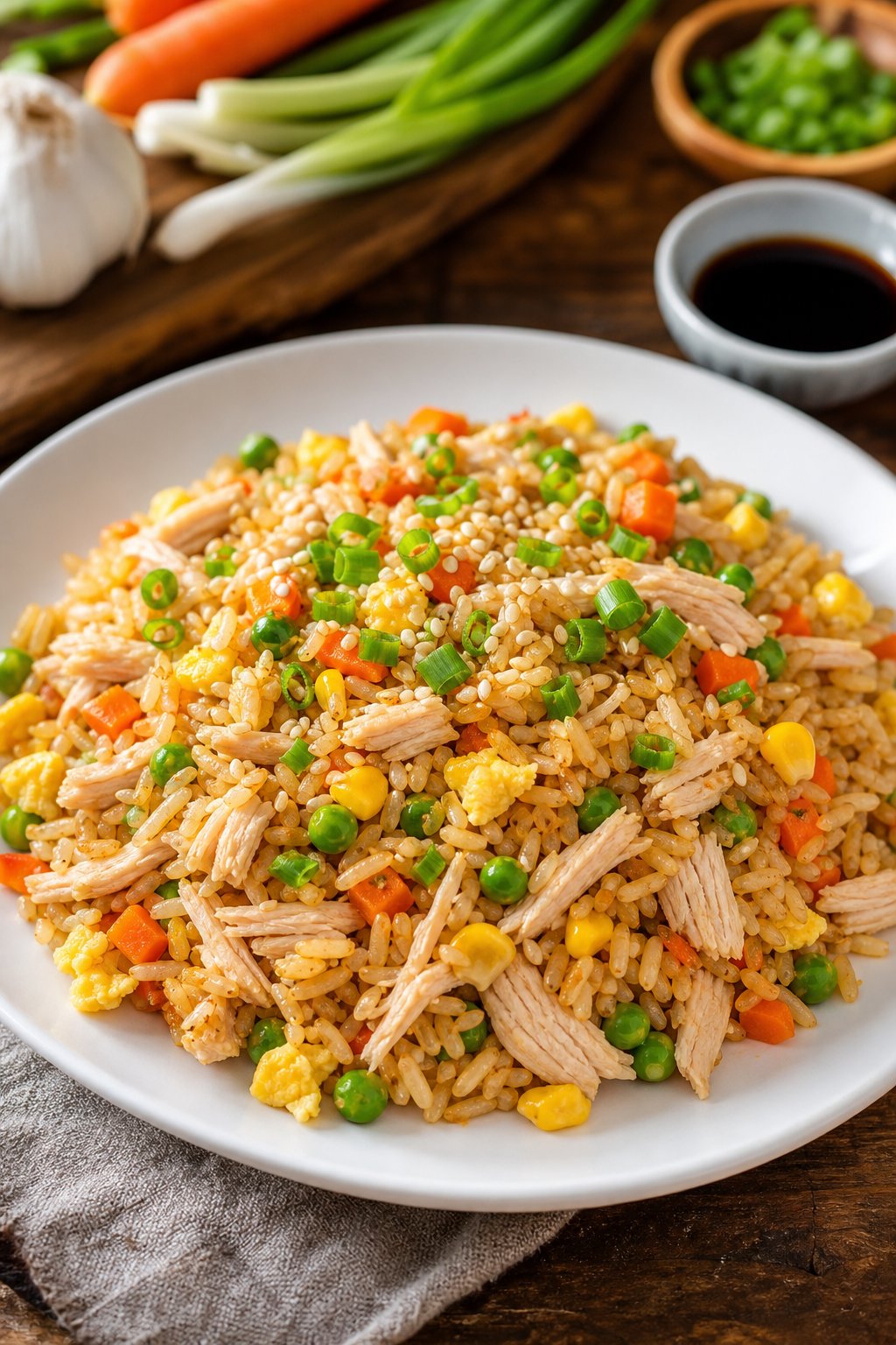 15 Easy Recipes Using Canned Chicken You’ll Actually Love: Quick and Delicious Meal Ideas 7 A plate of canned chicken and vegetable fried rice on a wooden table with fresh vegetables and soy sauce in the background.